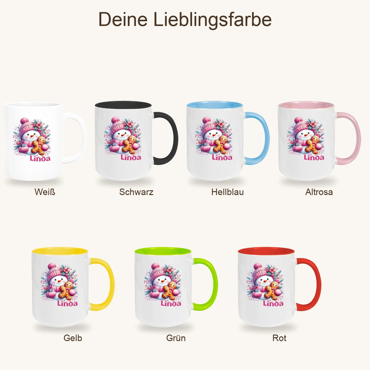 Tasse Wunschname Weihnachten Schneemann 2 Keramik Kinderbecher versch. Farben