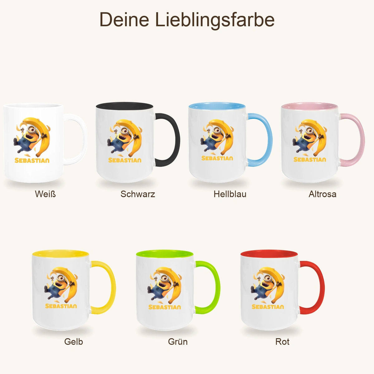 MUCKKI-PRO:bd41ee3c544f7f1d143e2488091c1f084c5cf2212836395cae1c48f3c14137f6:Tasse Minions Kinder Minion 2 Banana Wunschname Keramik Kinderbecher personalisiert versch. Farben
