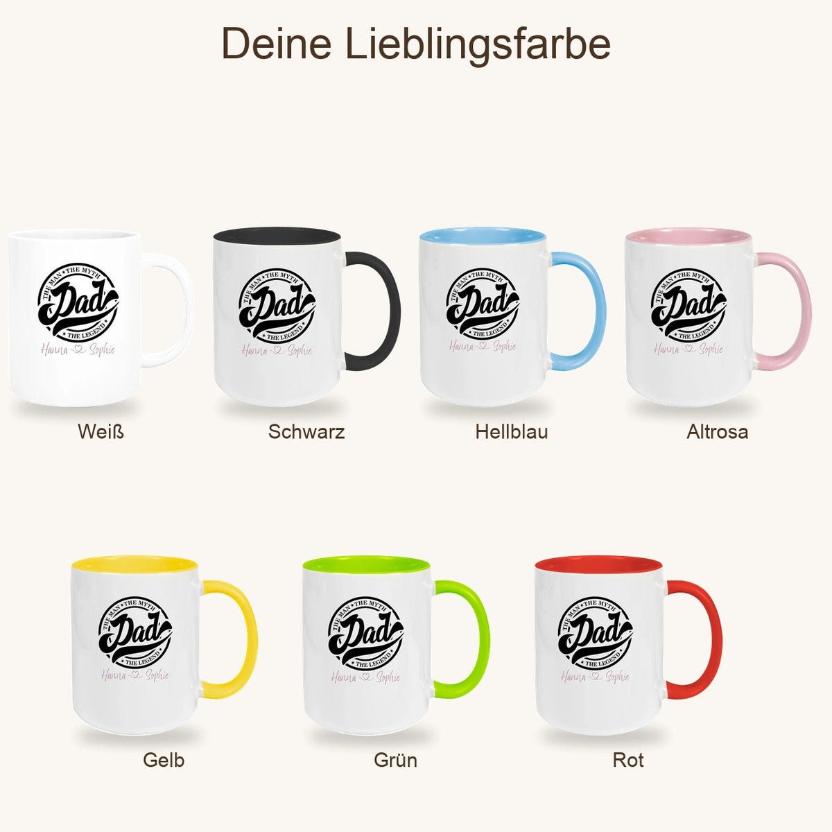 MUCKKI-PRO:95864365890292b4238d1f294775bcbef6ba975db68b6b1c1779ba39bba95724:Tasse Vatertag 8 Papa, "The Legend" Wunschnamen Keramik Personalisiert versch. Farben