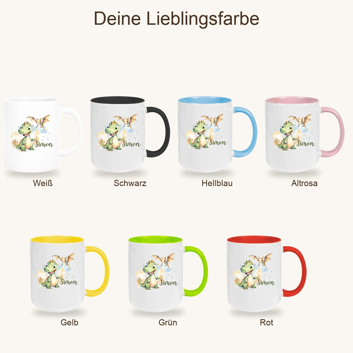 MUCKKI-PRO:8669678a76feb49bdf66caac0ebff20a41a7d12242b8653e9a19a21ae99eb986:Tasse Dino 6 Wunschname Keramik Kinderbecher Personalisiert versch. Farben
