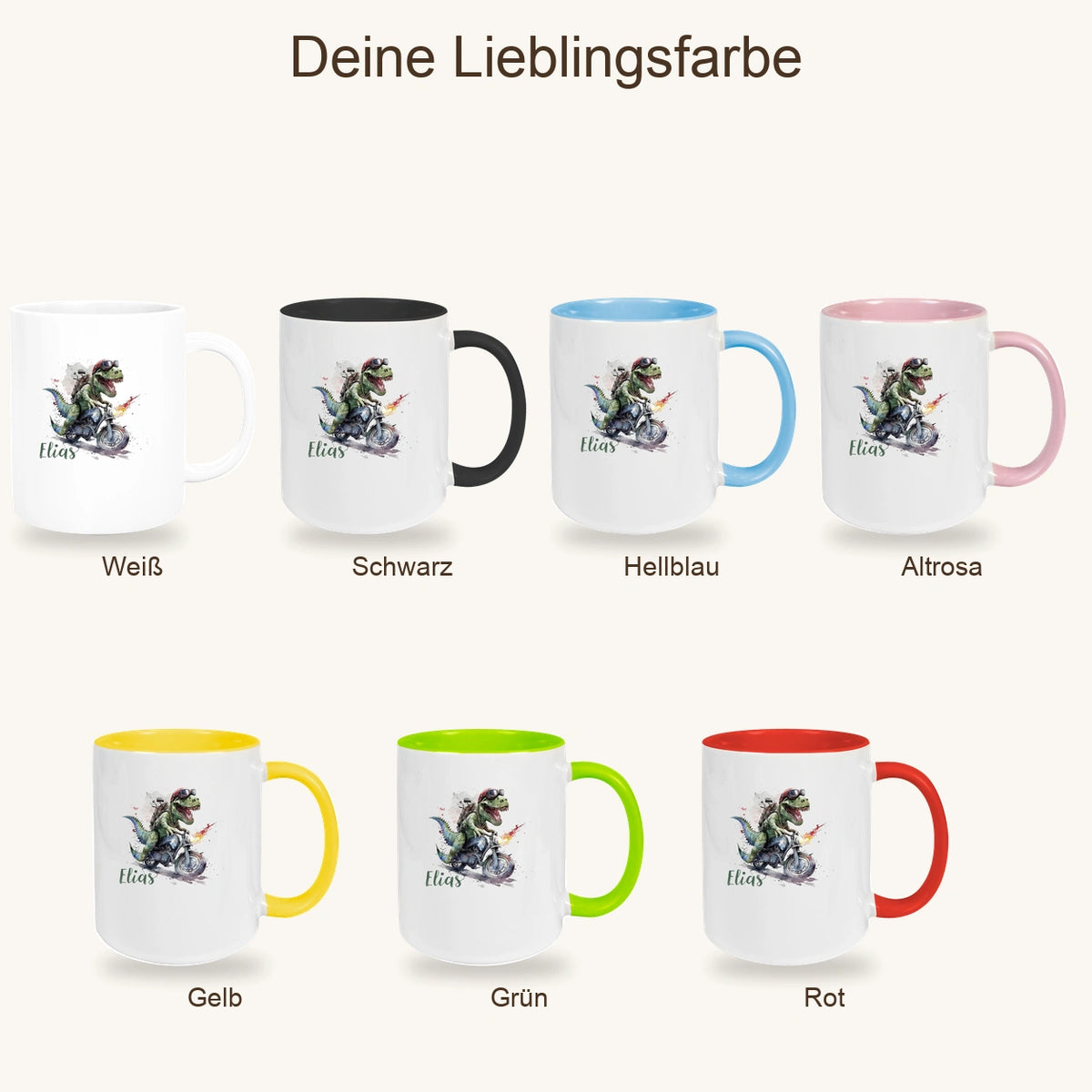 MUCKKI-PRO:1666e2618fc754a23849f182d9bfa98d420806619c70ced4247283e6a2276dba:Tasse Dino 5 Wunschname Keramik Kinderbecher Personalisiert versch. Farben