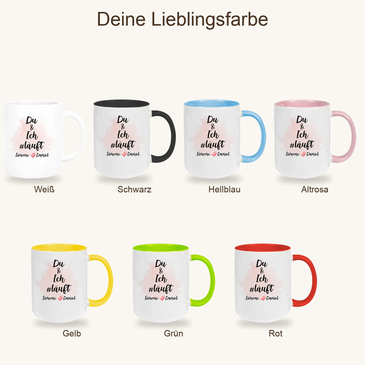 MUCKKI-PRO:b04f984e6e83e5afbd80e56520b0106ef7fca3f3b6544976a21e668775cce0de:Tasse Spruch "Du & Ich Läuft" Valentinstag 8 Wunschnamen Keramik personalisiert versch. Farben