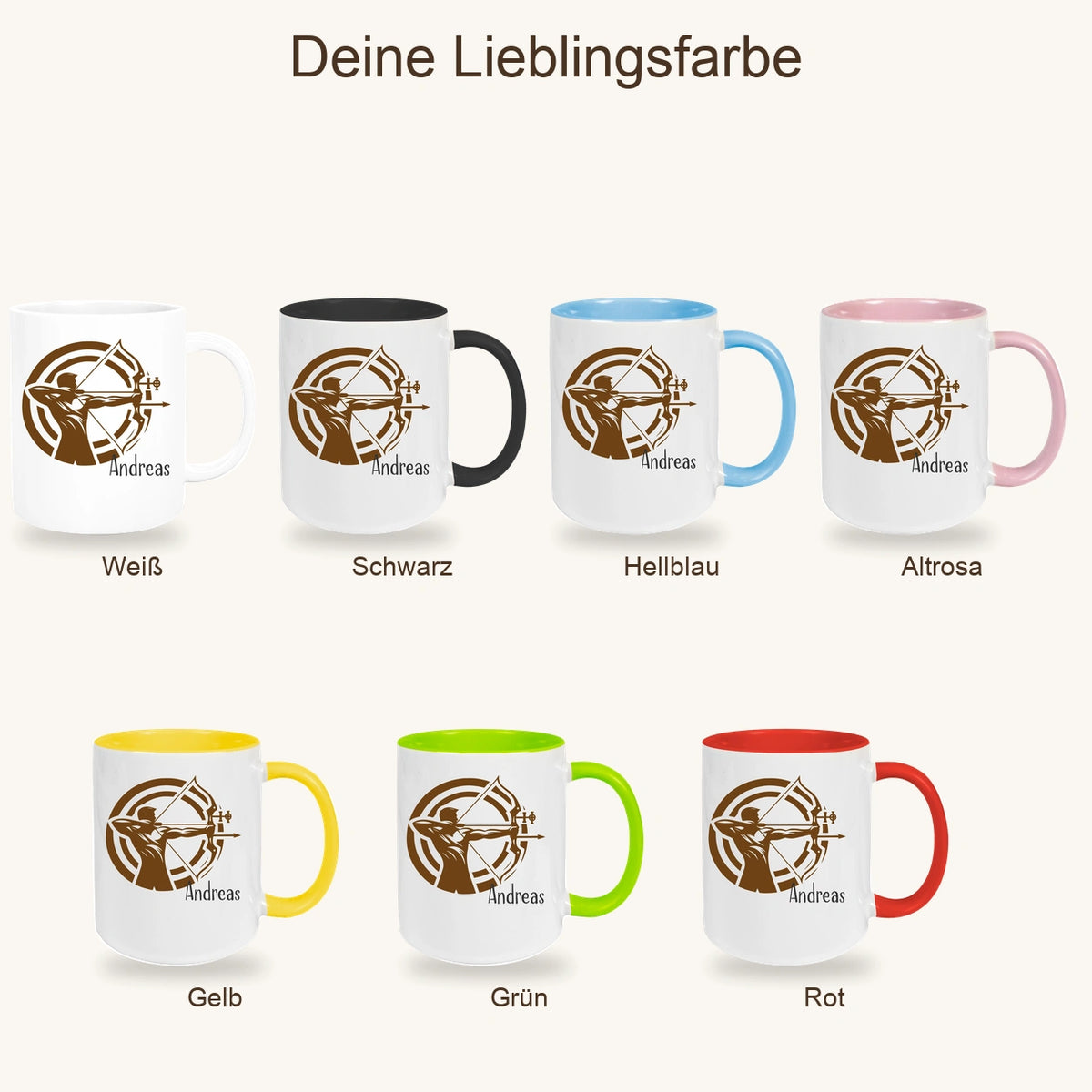 MUCKKI-PRO:9dad76df48182c1468794a176d18eb6947713d85e5211435a1bffcf8148c5b97:Tasse Bogenschütze 2 Wunschname Keramik personalisiert versch. Farben