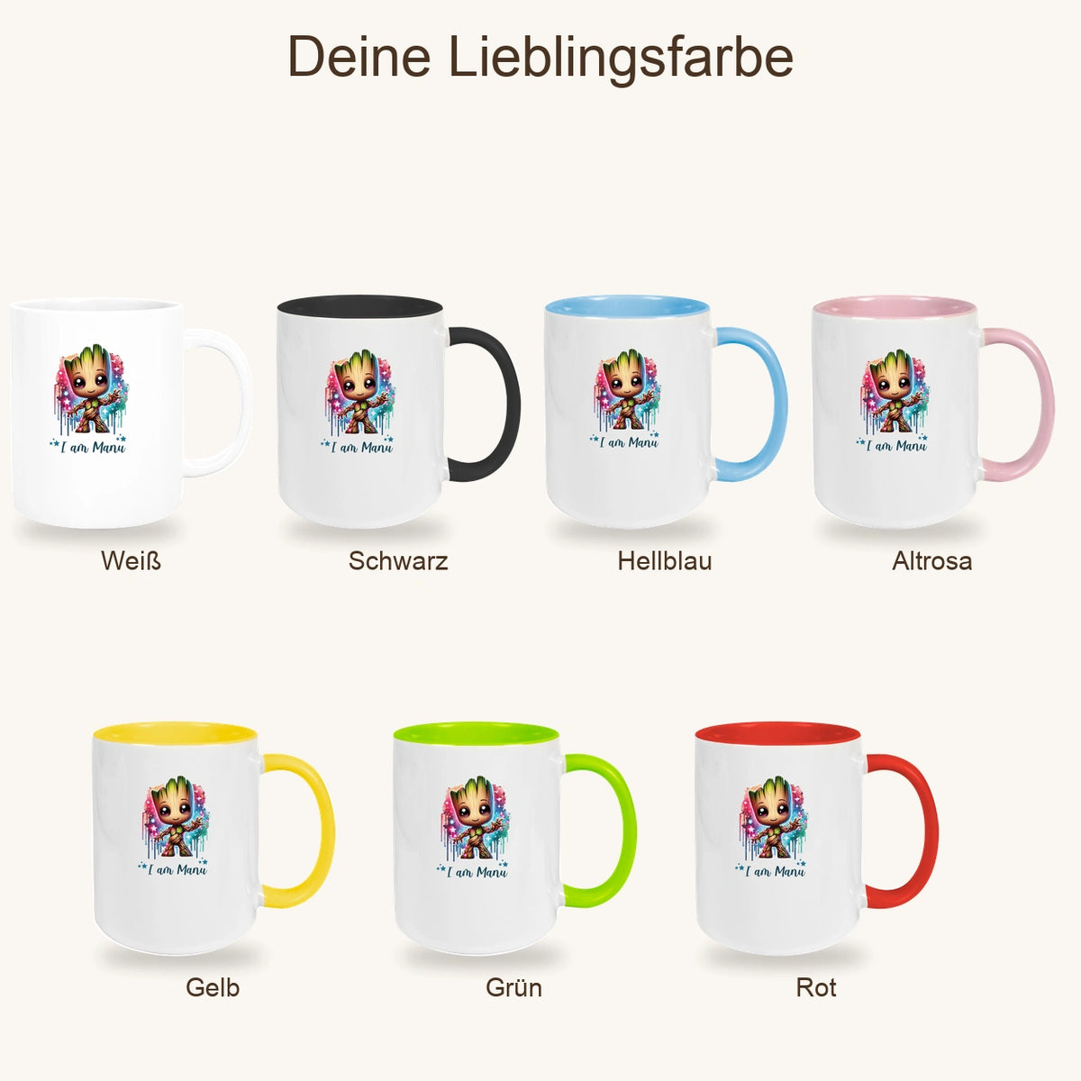 MUCKKI-PRO:46459dbc37e9fbfde60e2080799901ef32f8e7d9a5419a69cc7a0f00dc5e5f32:Tasse Wunschname Baby-Groot 5 Keramik Kinderbecher personalisiert versch. Farben