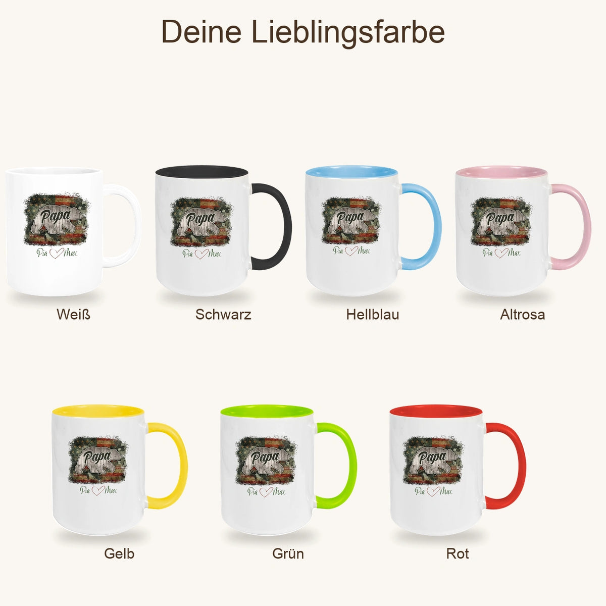 MUCKKI-PRO:16708b9a5ecb1fefa01113e42805c5e0c403dd7273843ad1eaa40796001b82c8:Tasse Vatertag 7 Papa "Bär" Wunschnamen Keramik Personalisiert versch. Farben