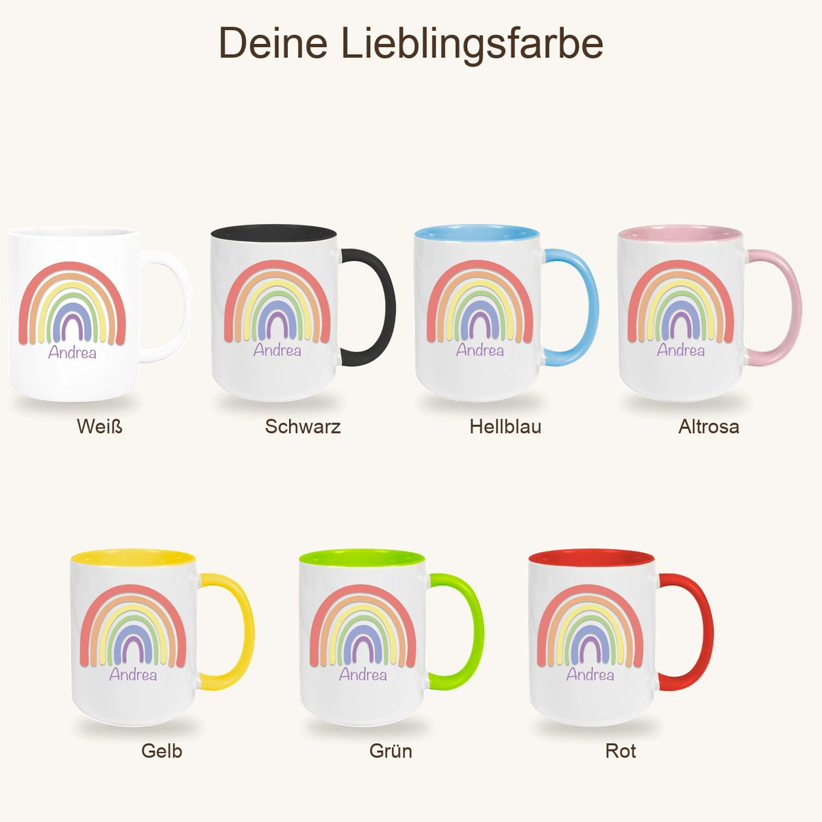 MUCKKI-PRO:d76e741a653b8230ddeec65fb3a29317fb78f92aad87a63bb875e199c3f58008:Tasse Wunschname Regenbogen 1 Keramik Kinderbecher versch. Farben