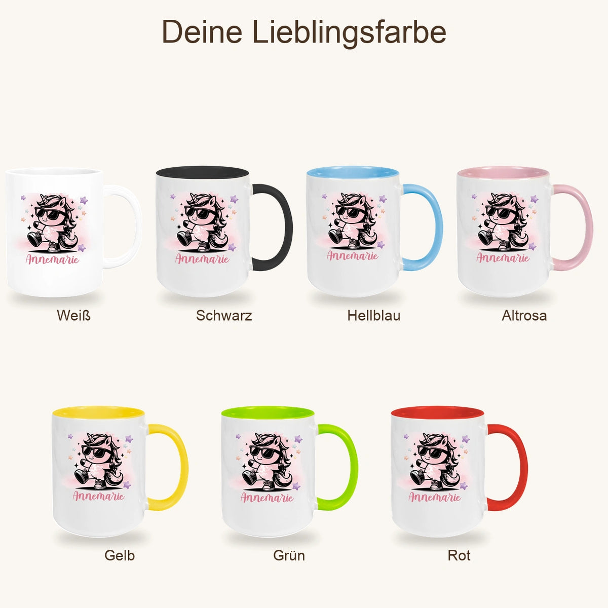 MUCKKI-PRO:bcfd6a605b9a392d1610c5eee2db932da98e13f075e597be3484db22db47acd0:Tasse Wunschname Einhorn 11 Keramik Kinderbecher personalisiert versch. Farben