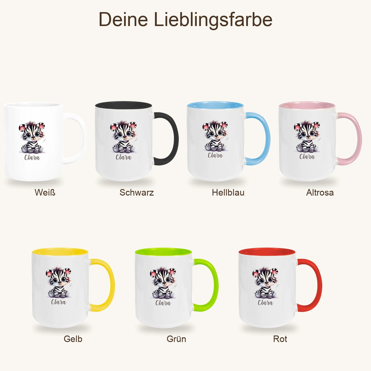 Tasse Wunschname Zebra 2 Keramik Kinderbecher versch. Farben