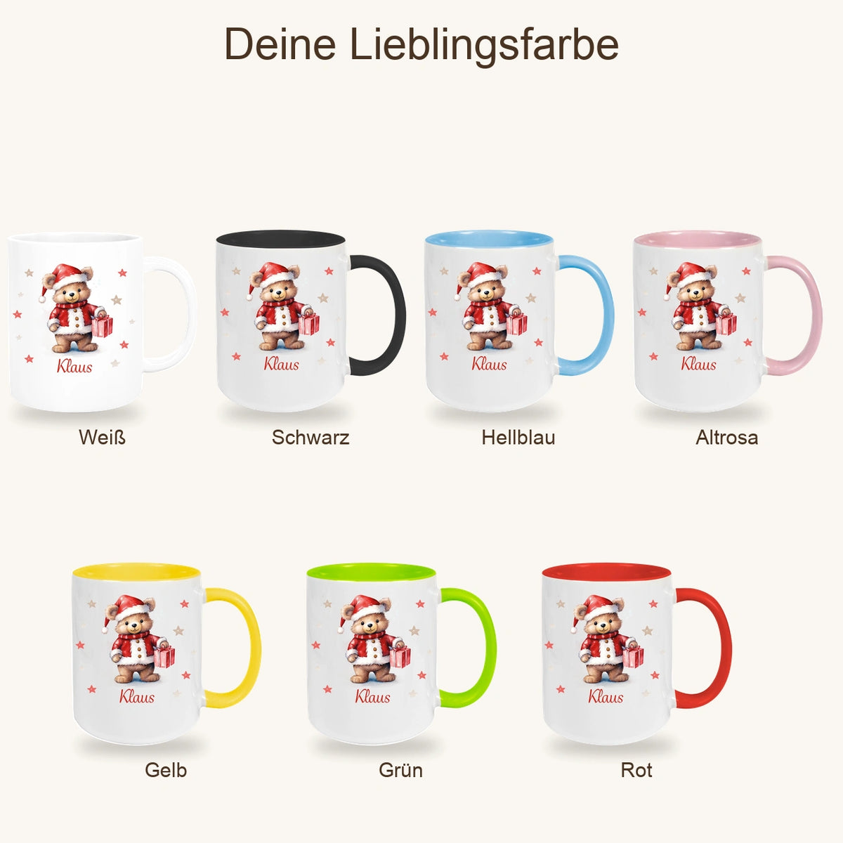 MUCKKI-PRO:d4cedebe5a637332fef9114ff093ac51901fe0e597fe0a36f3060fcc8cf94868:Tasse Wunschname Weihnachten Teddy Sterne Keramik Kinderbecher versch. Farben