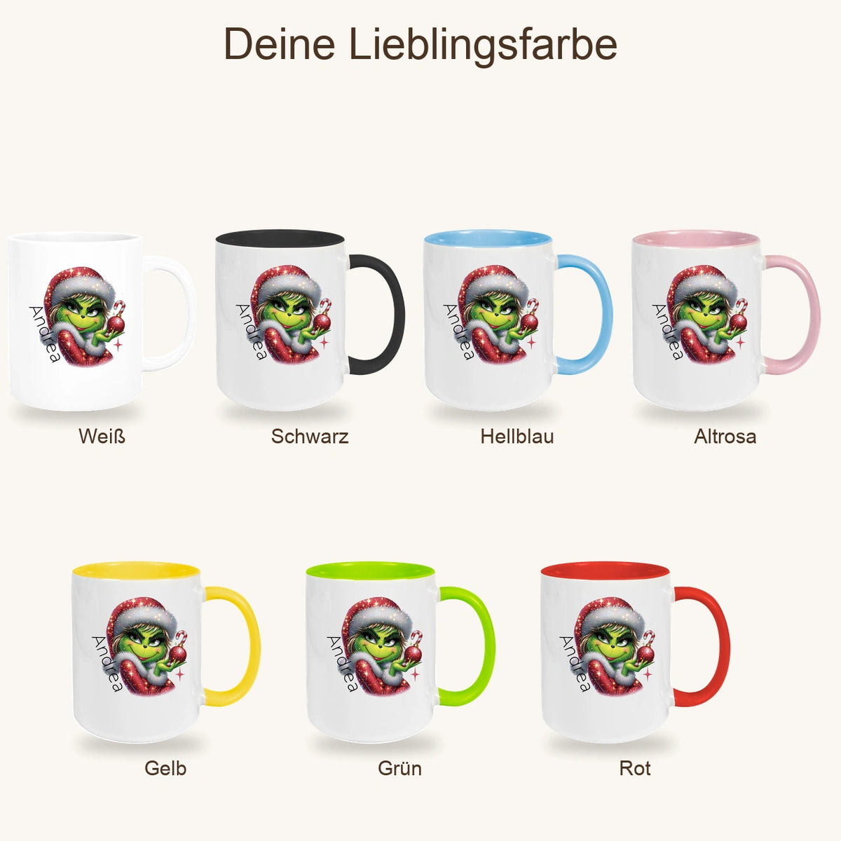 MUCKKI-PRO:f73afe95b937100f7fa512db58a0aa08e4b8c3565c69ae6243340d1f4d8d8338:Tasse Wunschname Weihnachten Lady-Grinch 3 Keramik Kinderbecher versch. Farben