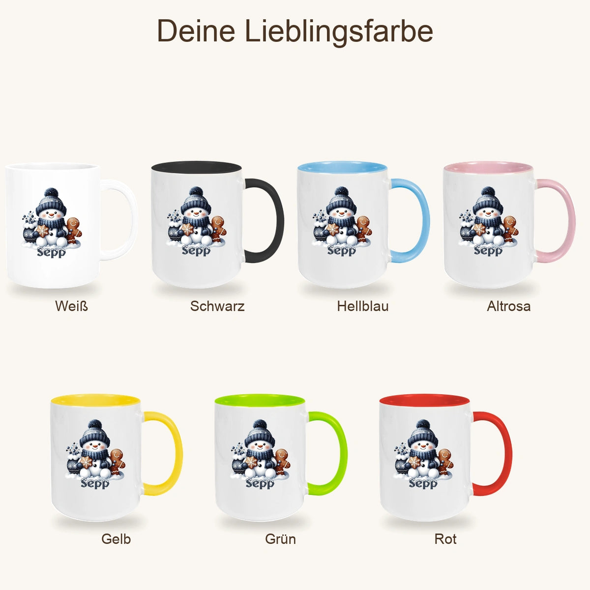 MUCKKI-PRO:ed420f26bb88b7f4d0b1c24555a7f20e914d5ffddd42fa4926c9b802441866d2:Tasse Wunschname Weihnachten Schneemann 4 Keramik Kinderbecher versch. Farben