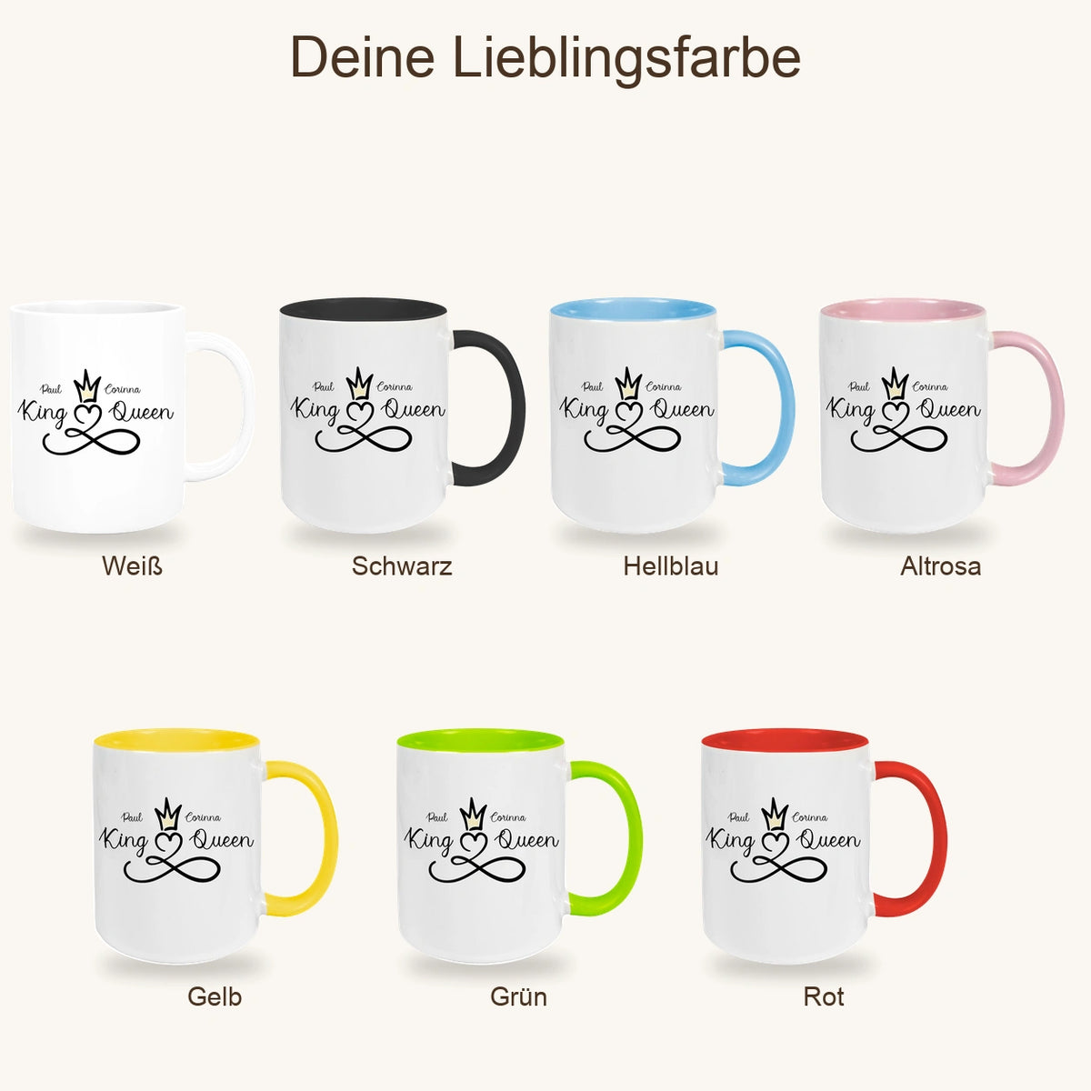 Tasse Liebe - Spruch "King & Queen" Valentinstag Wunschnamen Keramik personalisiert versch. Farben