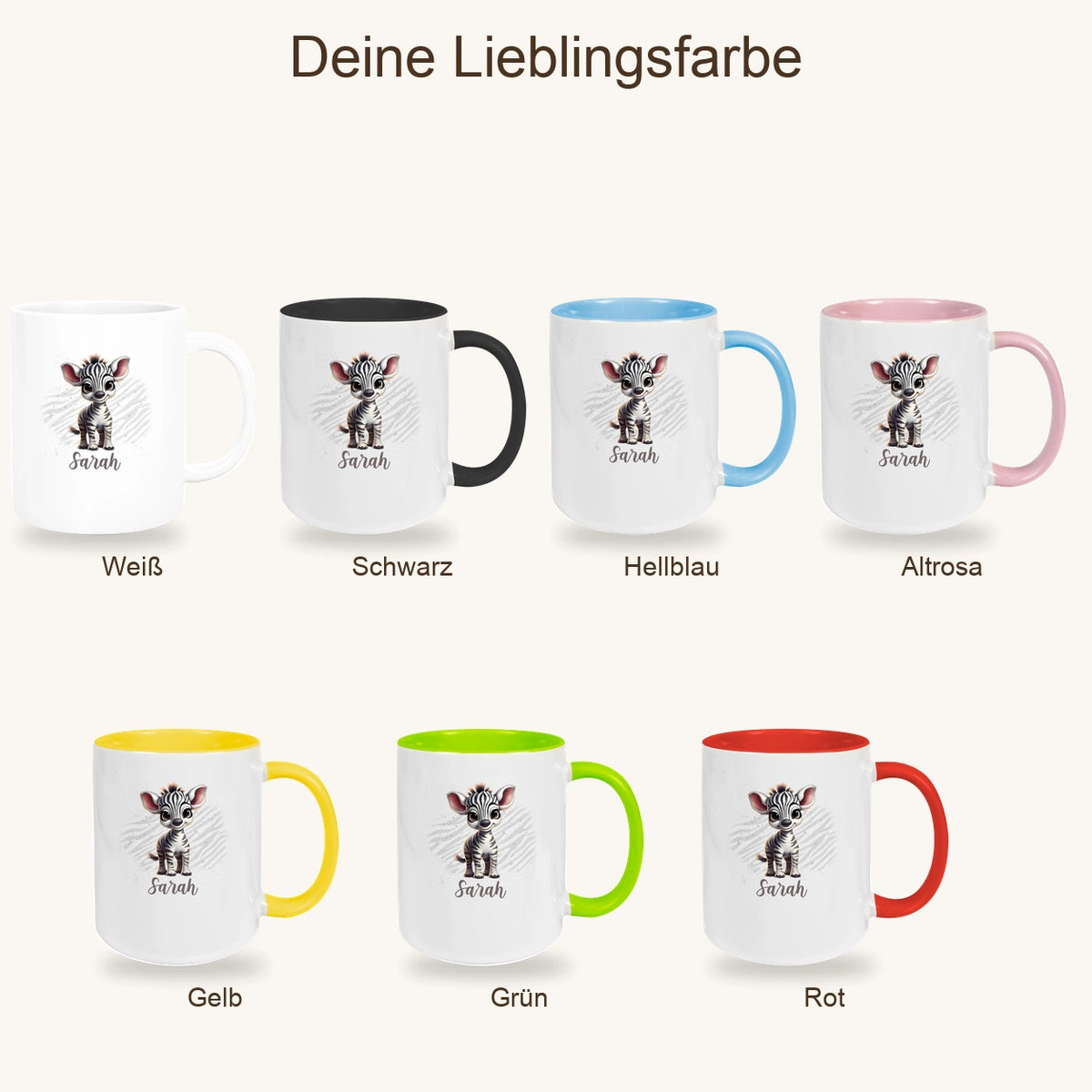 MUCKKI-PRO:475cc6b1d03a0c1a7acbeac9b73fc74ce51102423b40ff2c2694077b0bf3c564:Tasse Wunschname Zebra 1 Keramik Kinderbecher versch. Farben