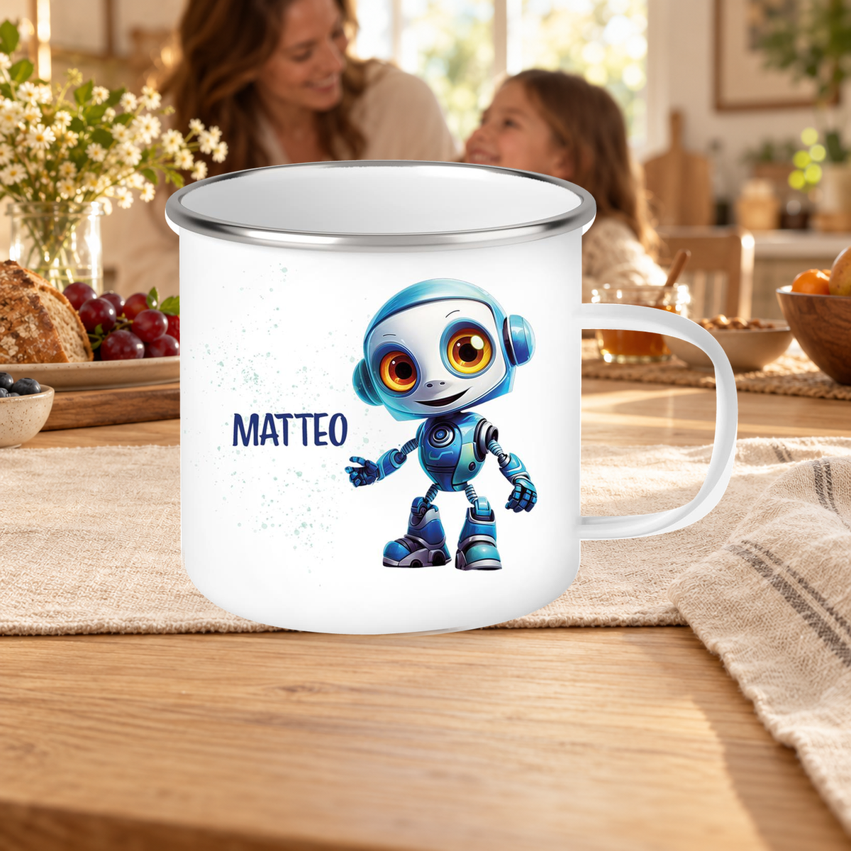 MUCKKI-PRO:2486a060902a6b2a73400694bc80ab35c22cb8f020b884f9dd5ad2b07f89dfc7:Tasse Wunschname Roboter 2 Emaille Kinderbecher
