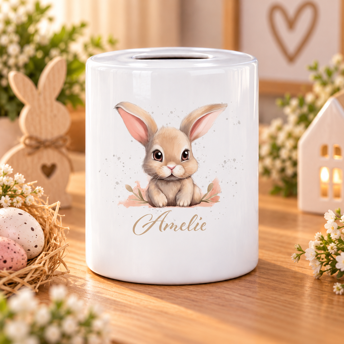 MUCKKI-PRO:44c809ed2feff4c119fc7c140ffec9744ed97cefa3a54a305b1ffe716b27c9f1:Spardose Ostern - Hase 7 mit Wunschname personalisiert