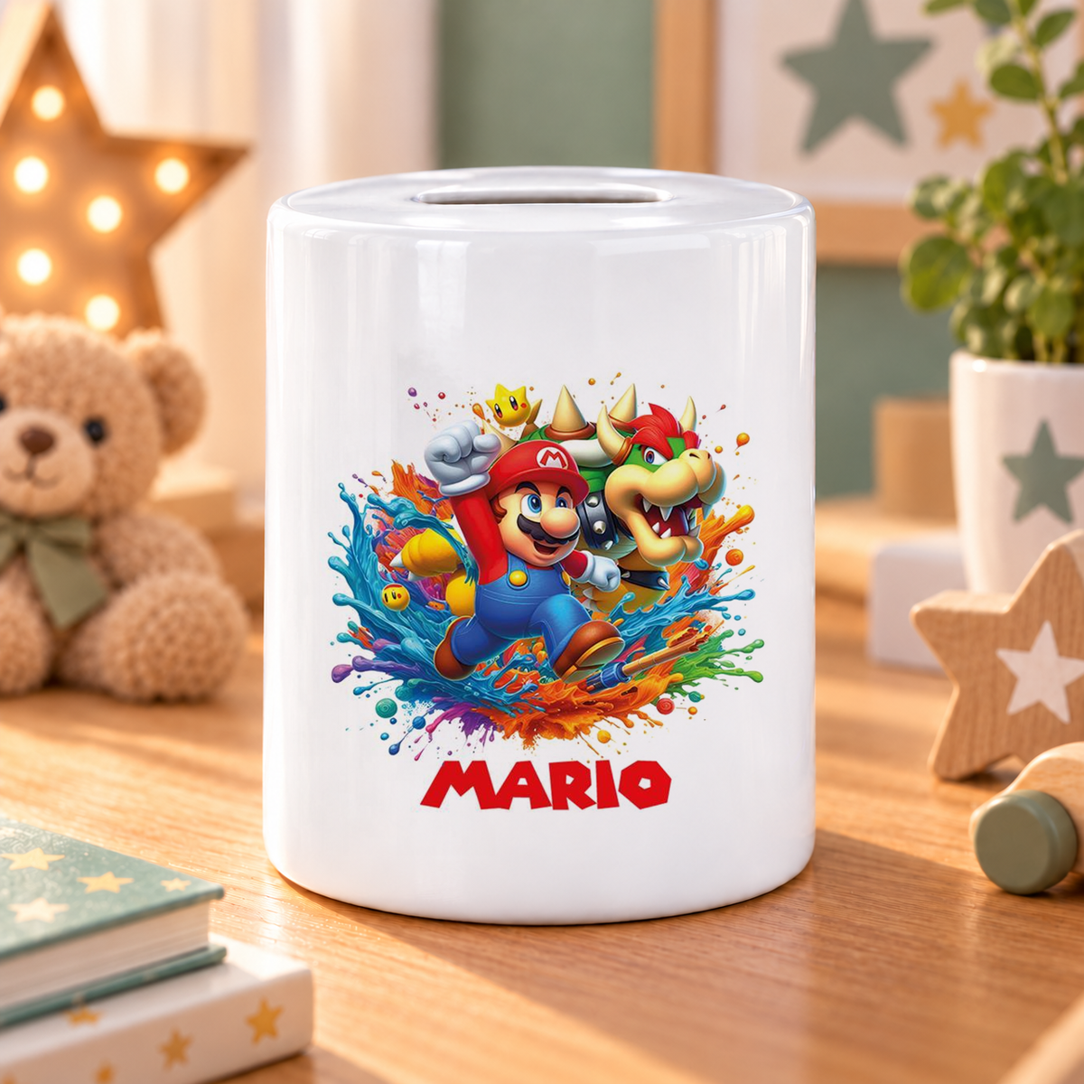 MUCKKI-PRO:7cf8b5b2e3196849a36530efc48d23901837b4900e655a2e6767330ca7d8b266:Spardose Super Mario 5 Wunschname personalisiert