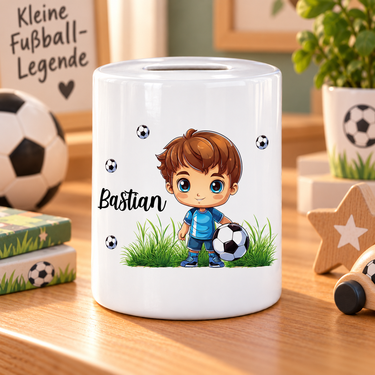 MUCKKI-PRO:9ad028735644e0ebf366cf90c33a7c188c69943d26fe96527be42e86183ad43e:Spardose mit Wunschname Fußball 6 personalisiert