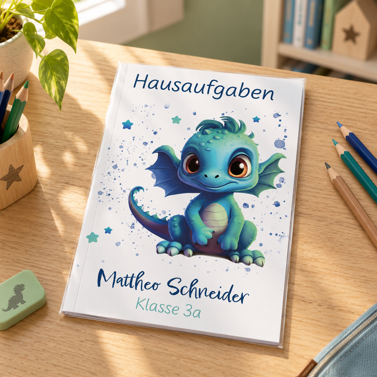 Hausaufgabenheft Drache 1 DIN A5 - 48 Blatt mit Name und Klasse