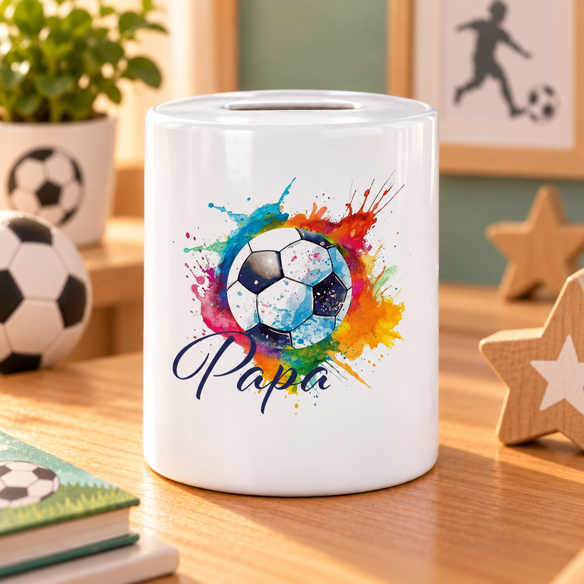 MUCKKI-PRO:8391557a74b34f2756a99545e2382fa09835ca0ca818128d07f29e5eb1cbcad1:Spardose mit Wunschname Fußball 20 personalisiert
