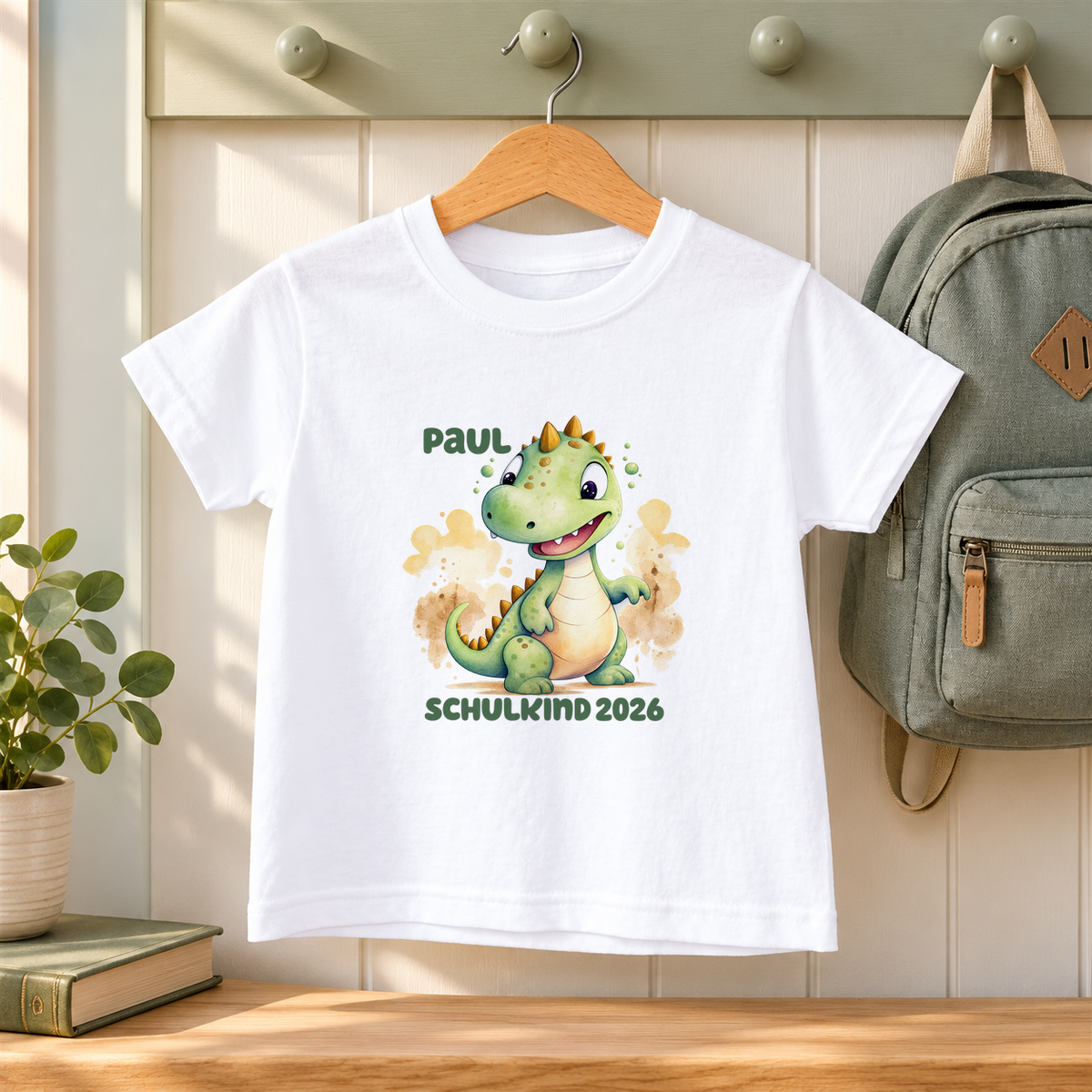 MUCKKI-PRO:6aefeeefa2c82b405001ed7af95a6ab23f9aafac1524f3f1d8dfc2f70236636d:T-Shirt Schulkind-Dino 1 Personalisiert mit Namen Kinder