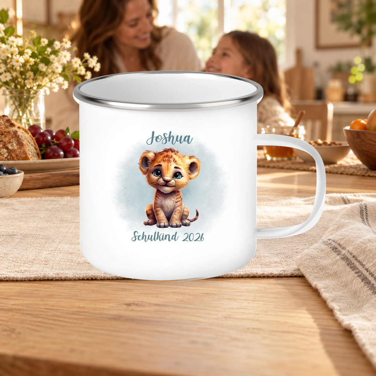 MUCKKI-PRO:54d54b07570c1a1cc46c205a1d0a454bf85e168bb33ee0778e55a6404c58057a:Tasse Schulkind 07 Wunschname Tiger 1 Emaille Kinderbecher Personalisiert