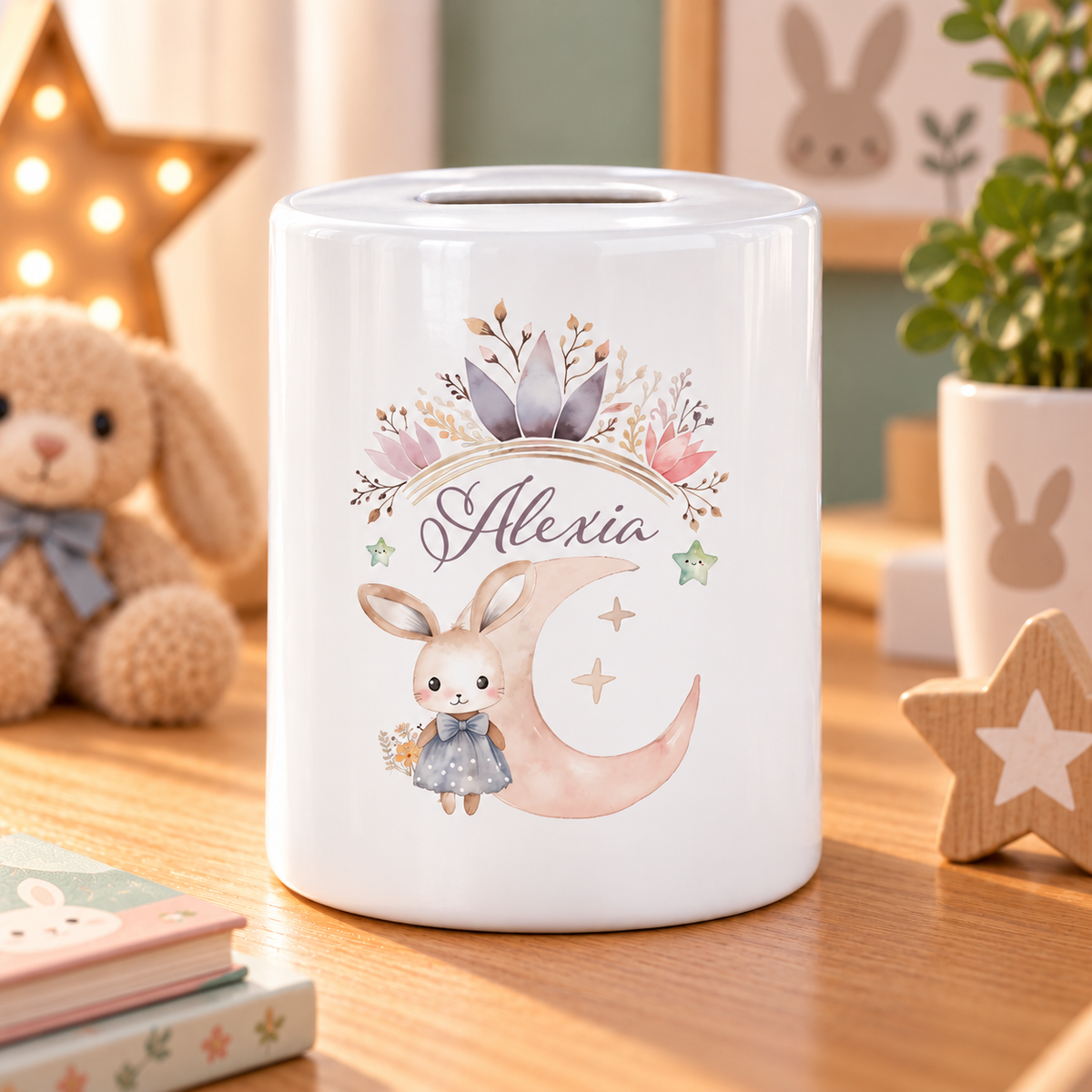 MUCKKI-PRO:cd93e0be6968fb586320a6502daea9c10f6ac845efbafeabccbadaae138e2317:Spardose Hase Wunschname personalisiert