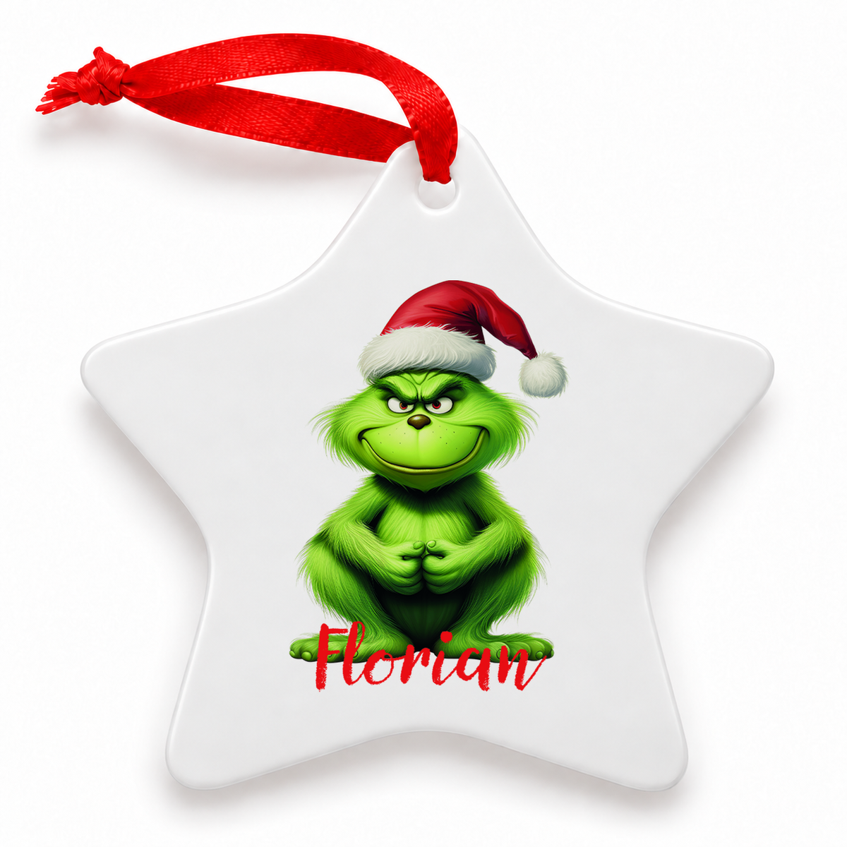 MUCKKI-PRO:4341b4a3b726f7512730912b35ba81d6597631f856cb7b36965eb0452932c665:Weihnachtsanhänger personalisiert Grinch 5 mit Wunschnamen – Rund, Stern, Herz oder Glocke