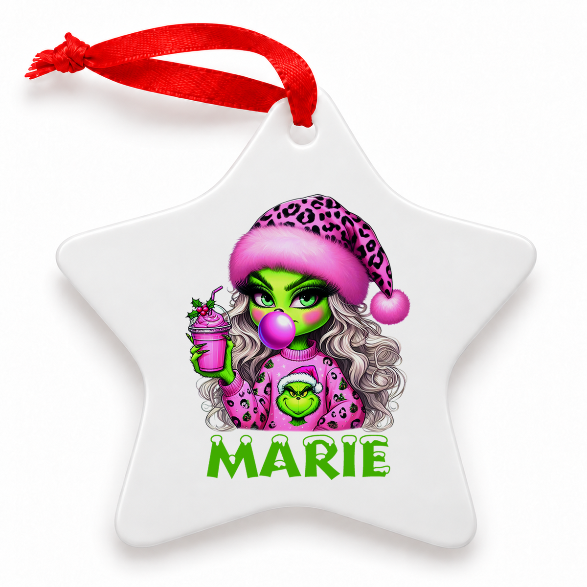 Weihnachtsanhänger personalisiert Lady-Grinch 5 mit Wunschnamen – Rund, Stern, Herz oder Glocke