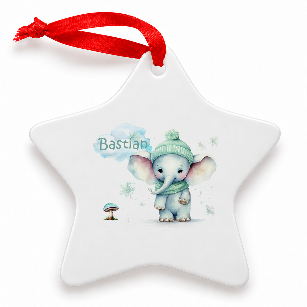 MUCKKI-PRO:1d77dc1f32a1ef57425aa2af2d97f87c6401066a3592cfda8093fd229c9a01bb:Weihnachtsanhänger personalisiert Elefant mit Wunschnamen – Rund, Stern, Herz oder Glocke
