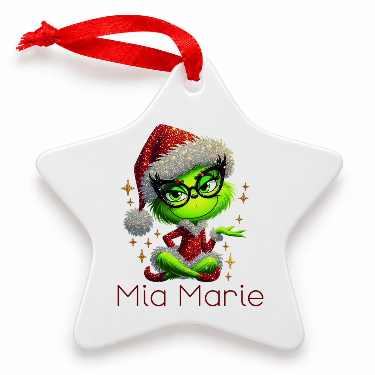 MUCKKI-PRO:f362af95b55fff8e0768c7b1622fd1f6e5d5f3c665454cadb4a711dcf1ba76f1:Weihnachtsanhänger personalisiert Lady-Grinch 4 mit Wunschnamen – Rund, Stern, Herz oder Glocke