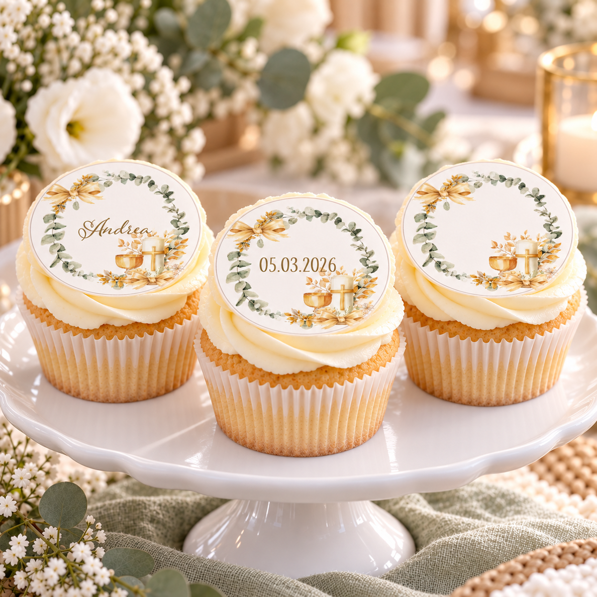 Muffinaufleger Taufe Eukalyptus 2 – 4 cm (20 Stück) oder 6 cm (12 Stück) mit Name und Taufdatum