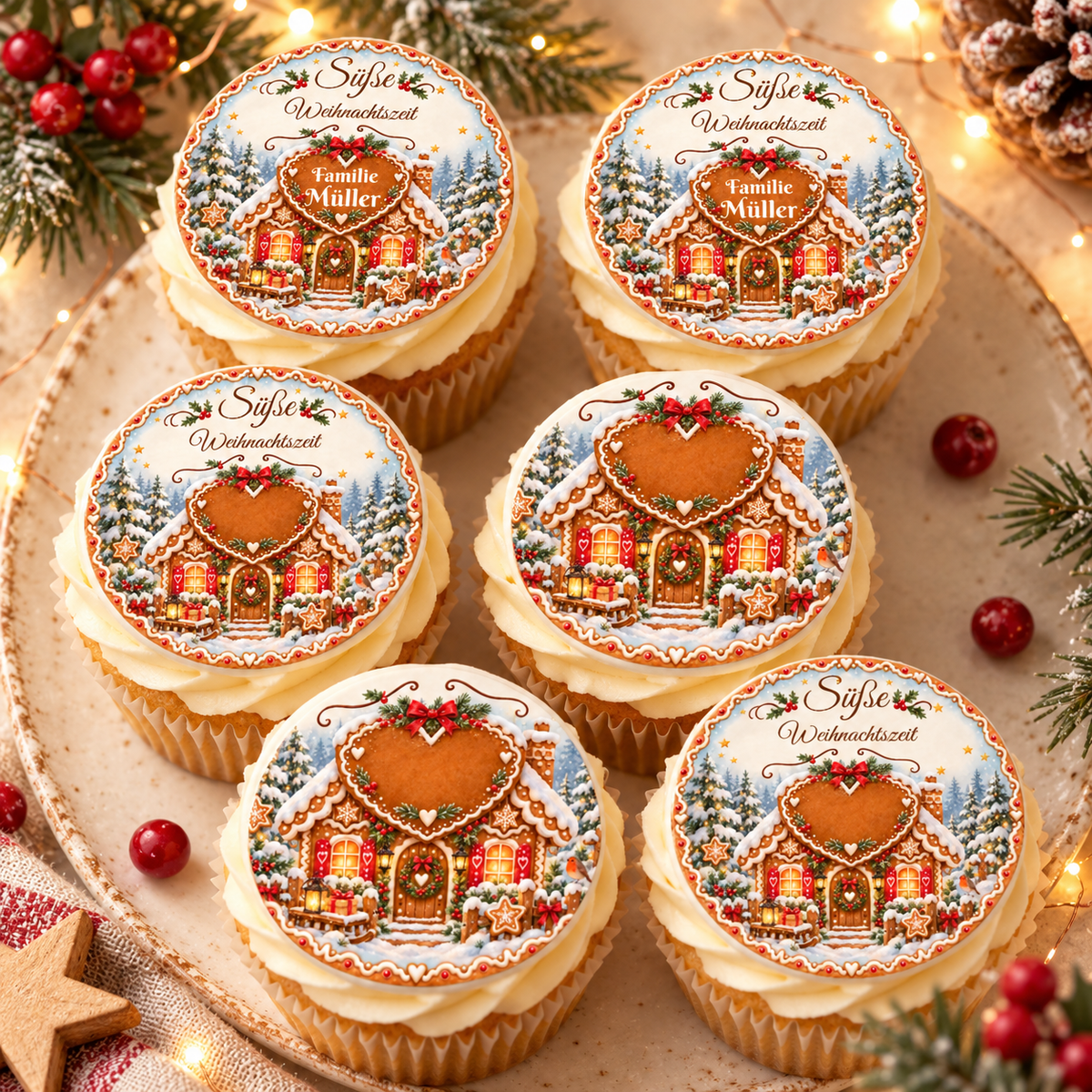 MUCKKI-PRO:aabe3110d7c65b26a0edc413f78c56f0467e807436b76f4d4f23366b3f354c9a:Muffinaufleger Weihnachten Lebkuchenhaus – personalisiert mit Familienname – 4 cm oder 6 cm