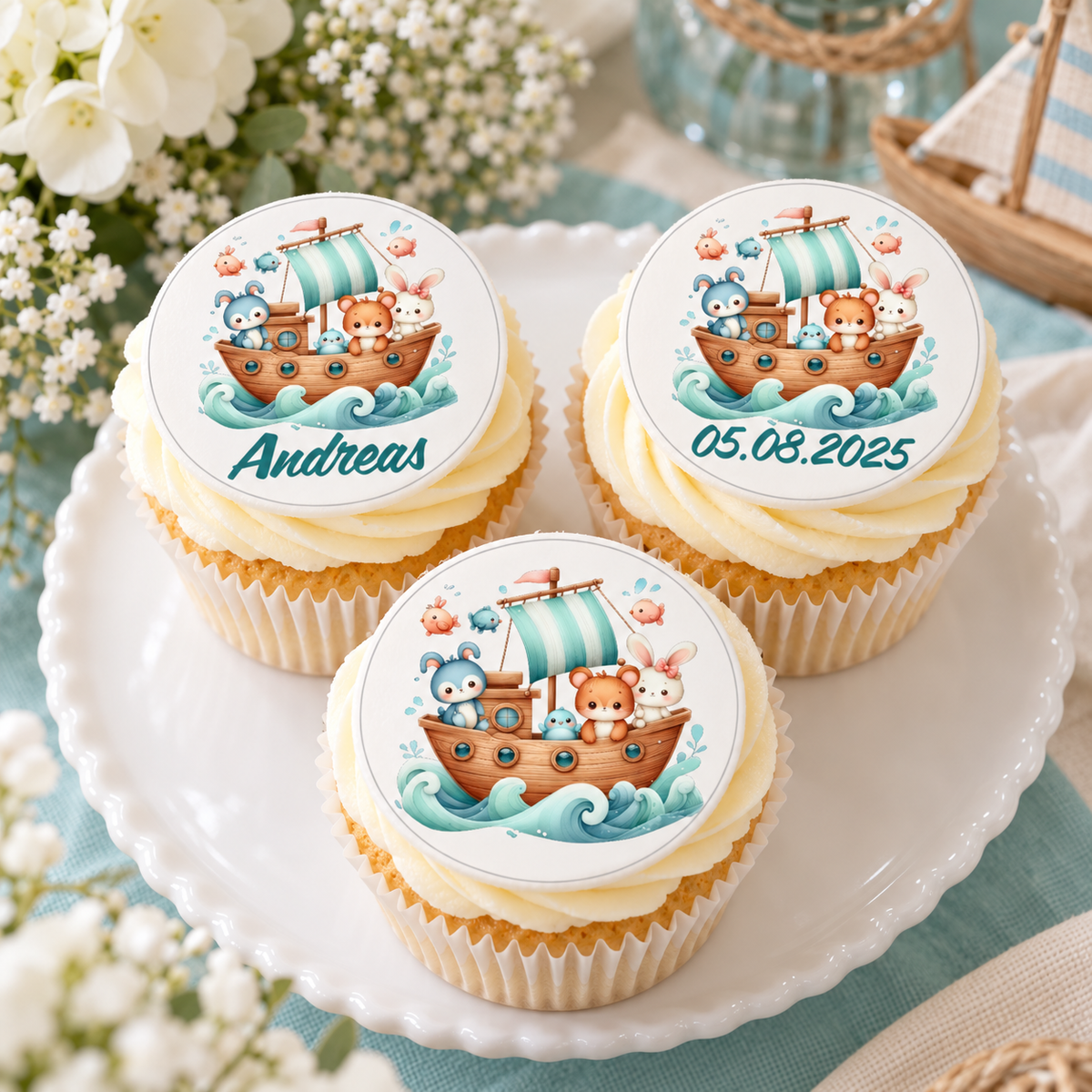 Muffinaufleger Taufe Arche Noah 4 – 4 cm (20 Stück) oder 6 cm (12 Stück) mit Name und Taufdatum
