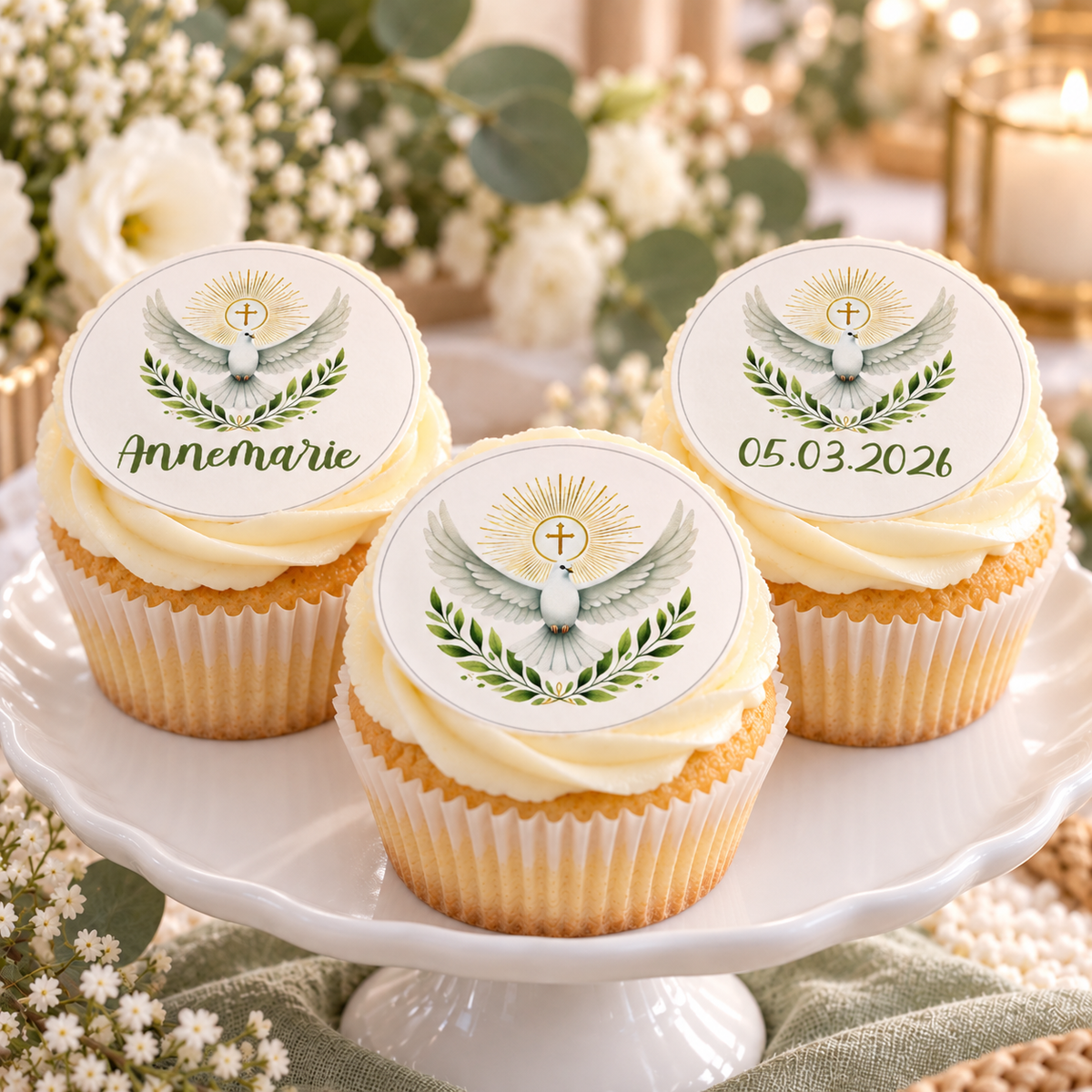 Muffinaufleger Taufe Heiliger Geist 1 – 4 cm (20 Stück) oder 6 cm (12 Stück) mit Name und Taufdatum