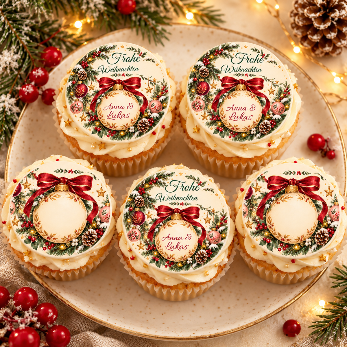 MUCKKI-PRO:4f1615a53a28acf44e8259b079759efe17ca566177b2a1b4250476000fd7cc2c:Muffinaufleger Weihnachten Weihnachtskugel – personalisiert mit Wunschnamen – 4 cm oder 6 cm