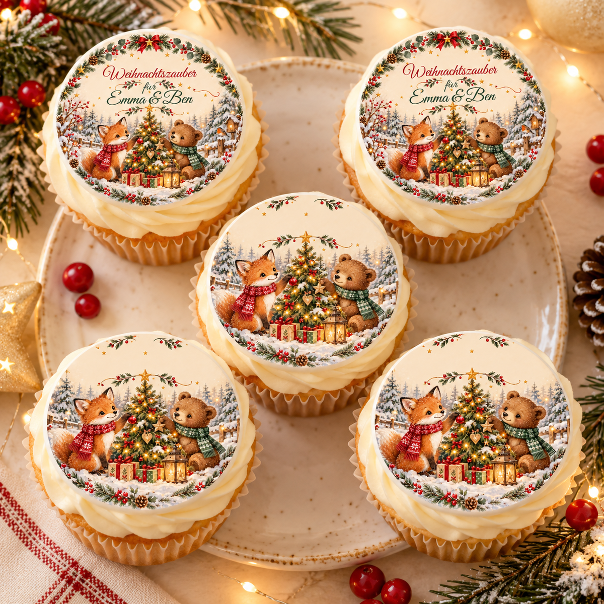 MUCKKI-PRO:be6ad6aa95afc026d19ab34c60f4bd7da11e1efa44c8ba48079bd1f5618c25e0:Muffinaufleger Weihnachten Fuchs & Bär – personalisiert mit Wunschnamen – 4 cm oder 6 cm