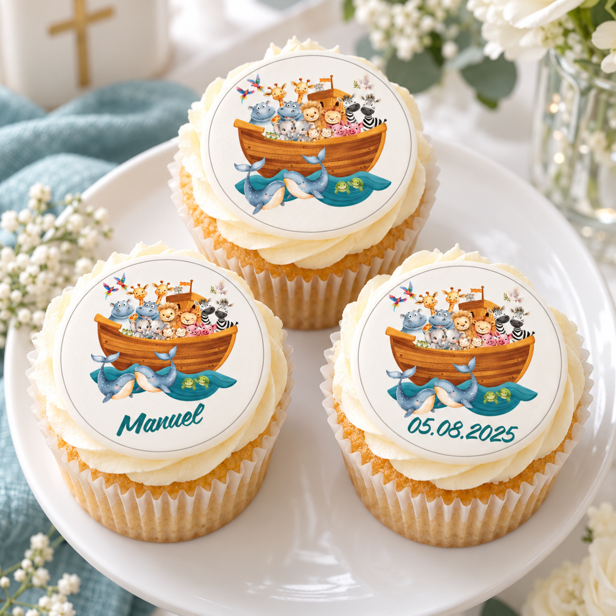 Muffinaufleger Taufe Arche Noah 2 – 4 cm (20 Stück) oder 6 cm (12 Stück) mit Name und Taufdatum