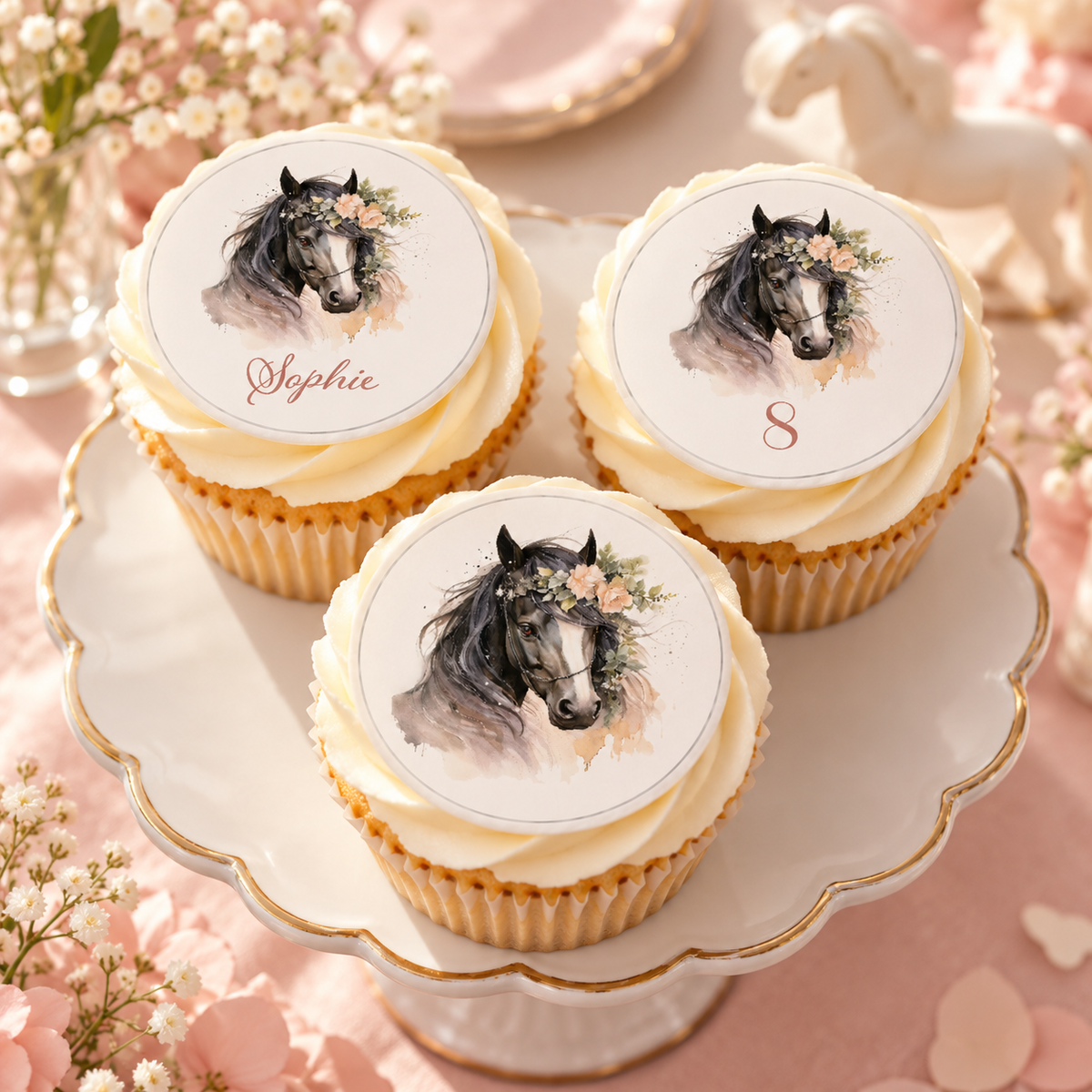 Muffinaufleger Geburtstag Pferd 3 – 4 cm (20 Stück) oder 6 cm (12 Stück) mit Name und Alter