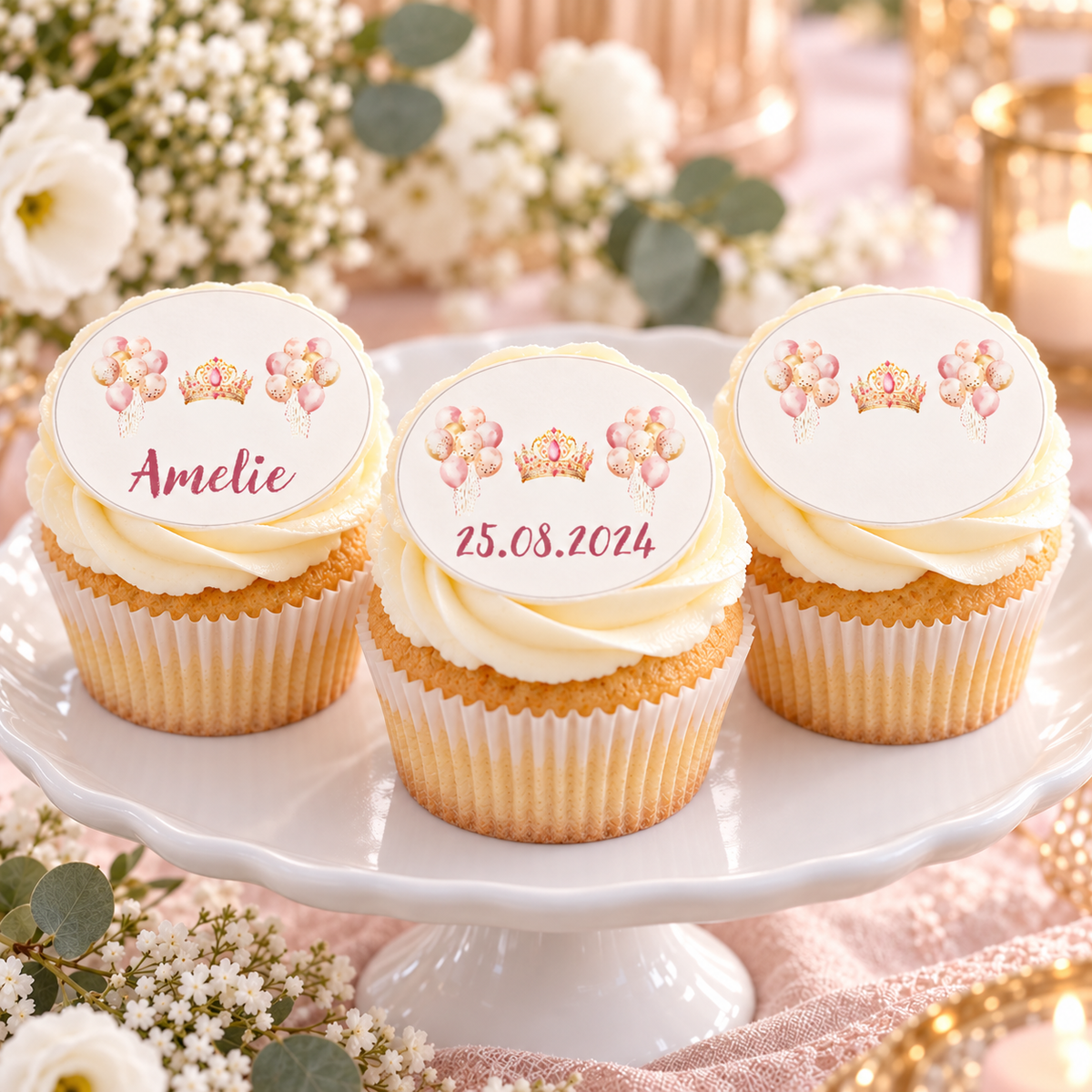 Muffinaufleger Taufe Prinzessin 1 – 4 cm (20 Stück) oder 6 cm (12 Stück) mit Name und Taufdatum