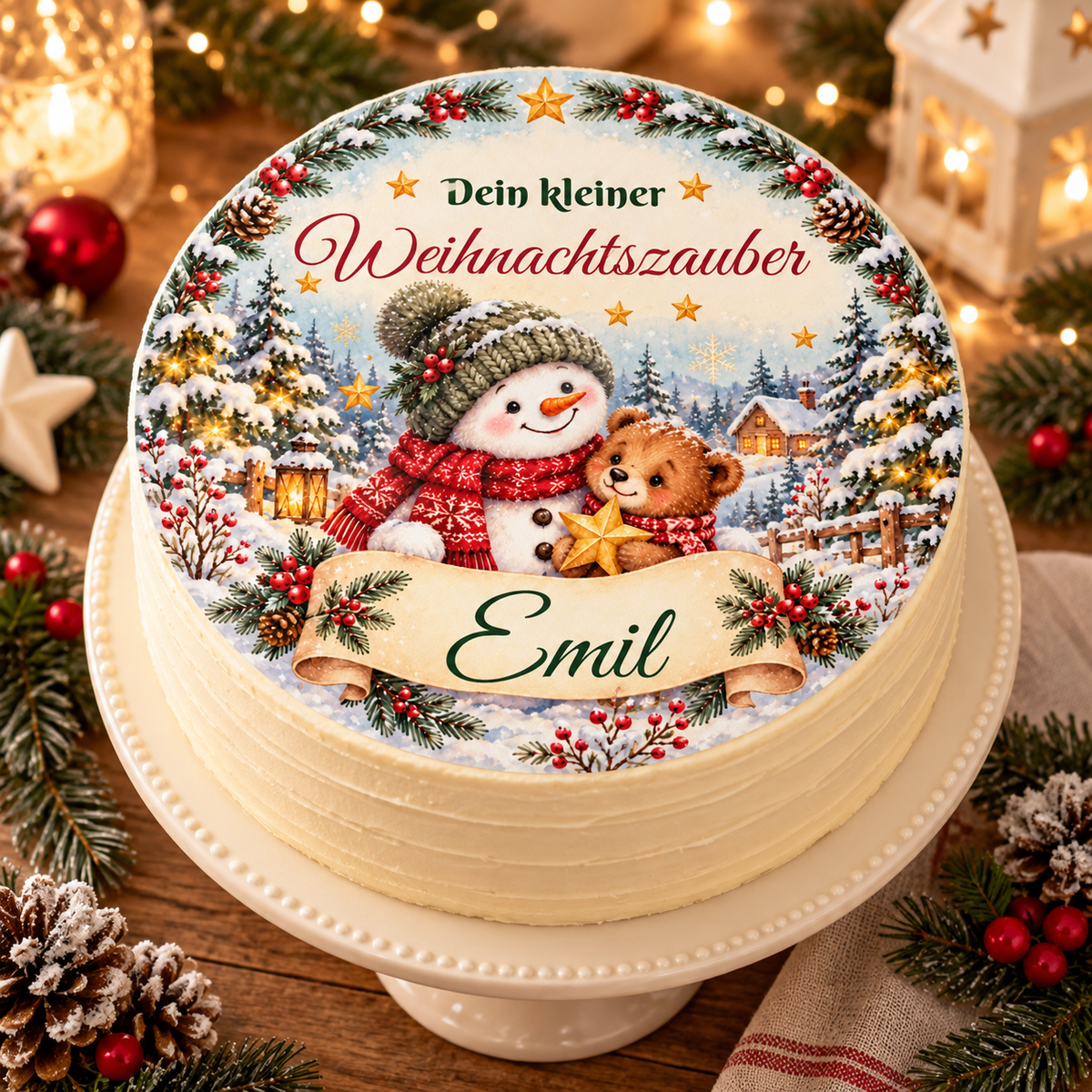 MUCKKI-PRO:7dfd4532988d2c153d8cbd0e85cd4cce03ead26aae6ce0b297b0a521e4845df1:Tortenaufleger Weihnachten Schneemann & Bär – personalisiert mit Wunschname – versch. Formen