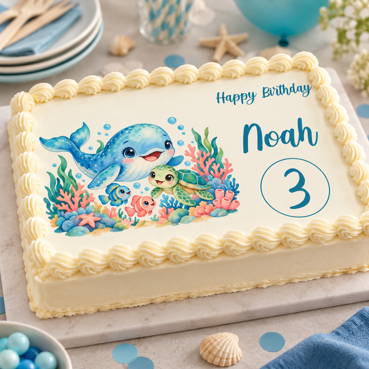 Tortenaufleger Geburtstag Unterwasser 1 mit Name und Alter – Eckig (28 x 20cm)