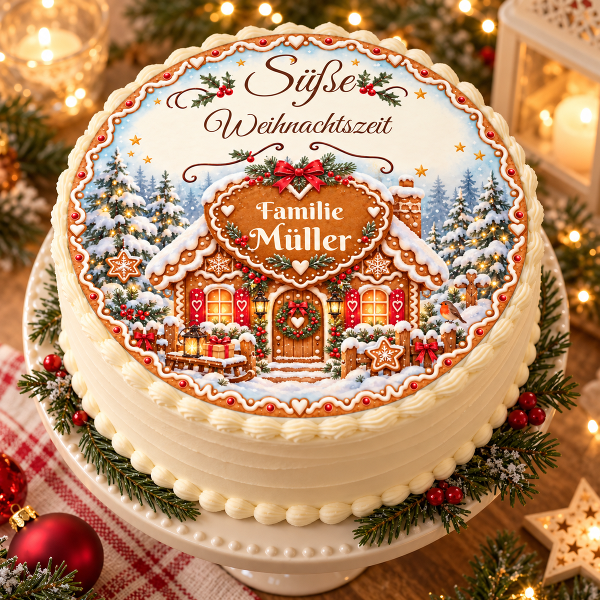 Tortenaufleger Weihnachten Lebkuchenhaus – personalisiert mit Familienname – versch. Formen
