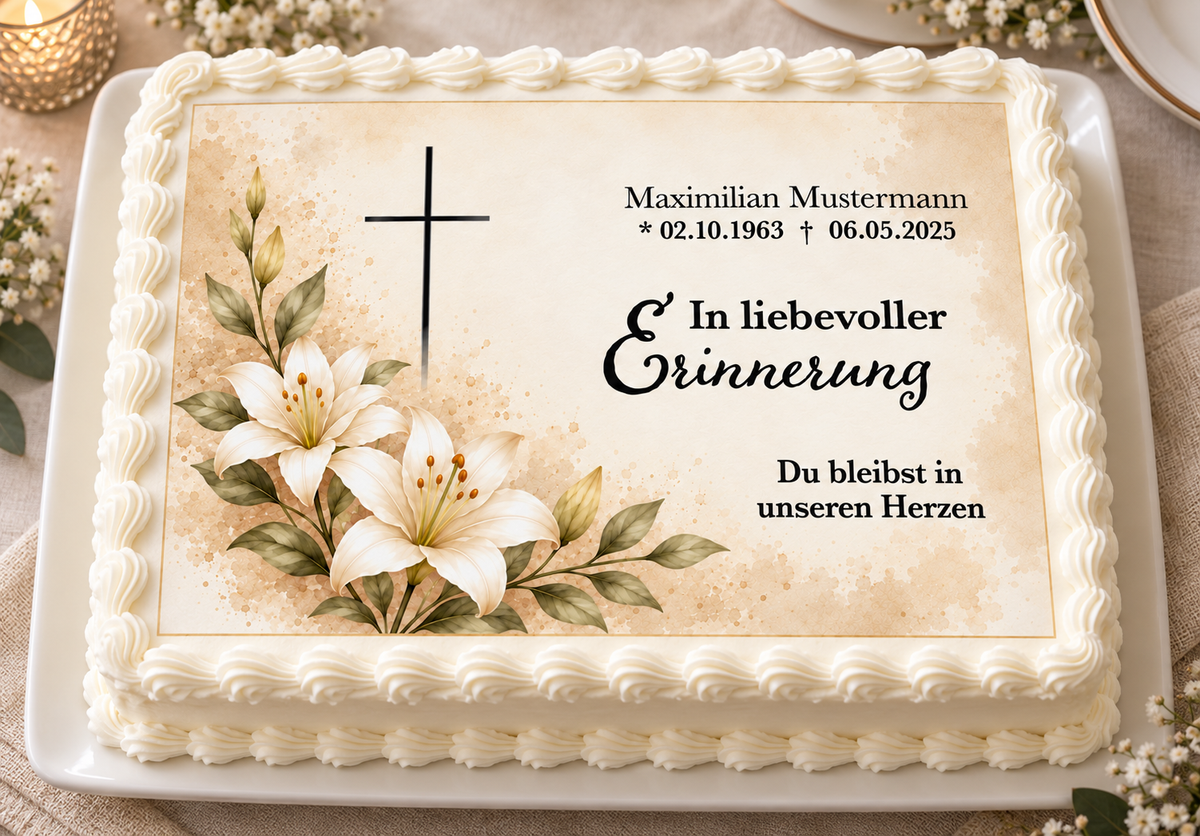 Tortenaufleger Beerdigung & Trauerfeier Blüten 01 – personalisiert mit Name & Sterbedatum Fondantpapier – versch. Formen
