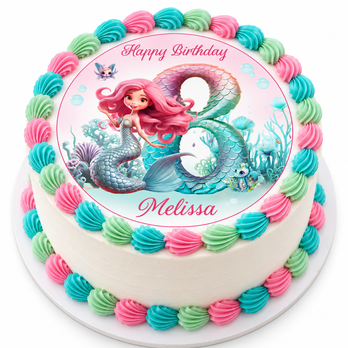 MUCKKI-PRO:c8f8d56499af58256b80e65f29f67f5aa06daed6f3fd78b95eb6a41a58be9407:Tortenaufleger Geburtstag Mermaid Meerjungfrau 3 Name & Zahl (20cm) Fondant Papier
