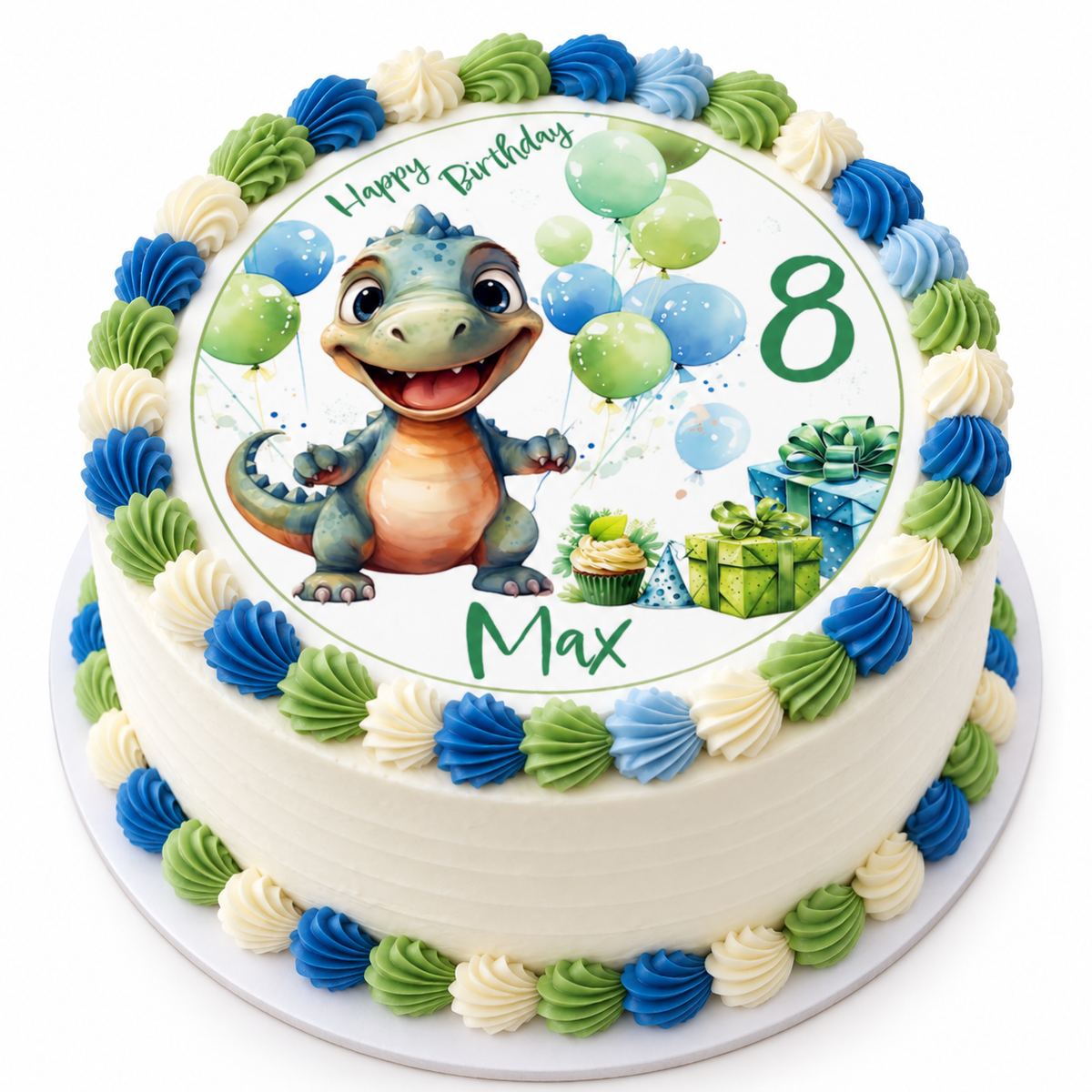 MUCKKI-PRO:ed29baa8f88ed5b2cb0f0535386ec0e951f493d92aab686138c725b69c66a82f:Tortenaufleger Geburtstag Dino 5 Name & Zahl (20cm)