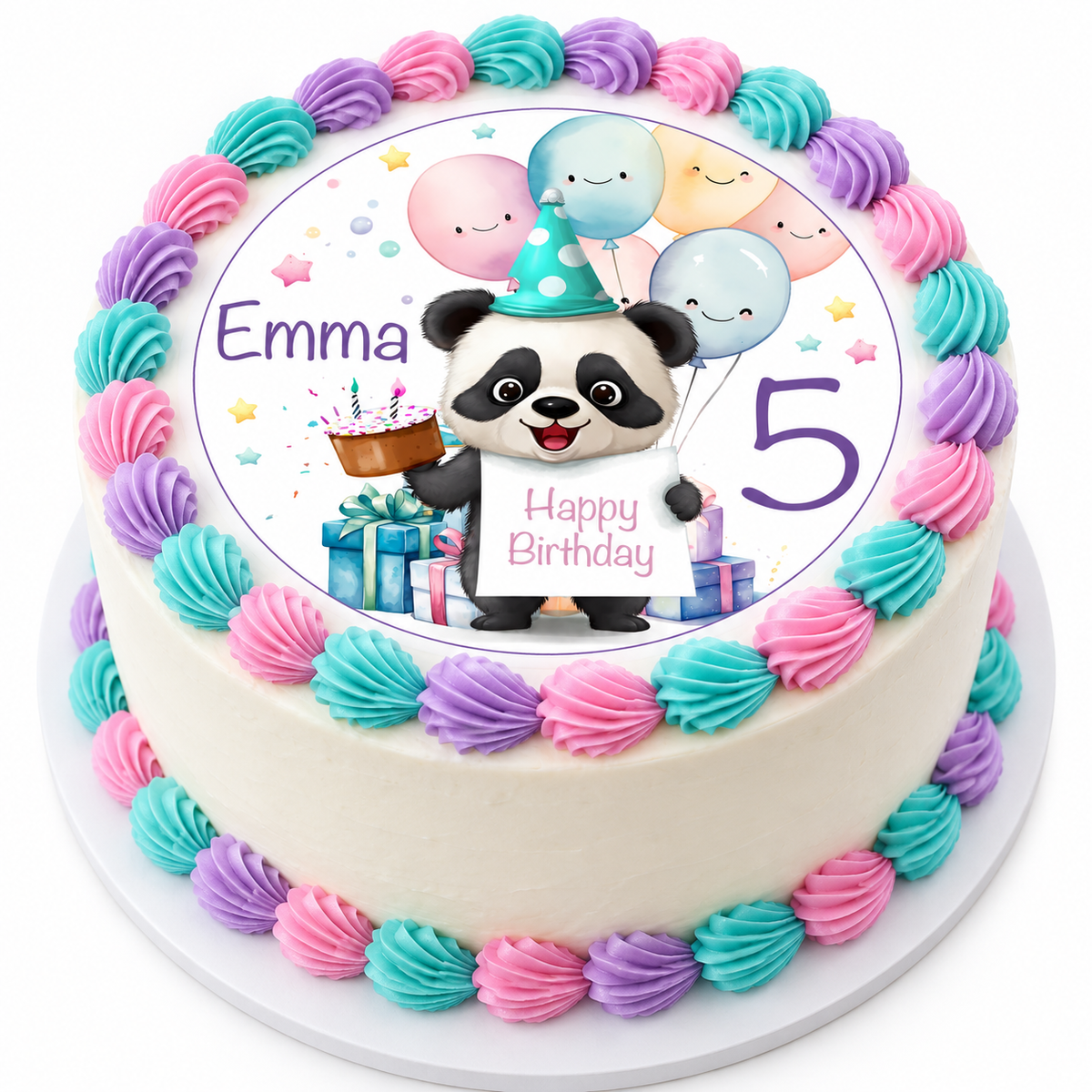 MUCKKI-PRO:4134e61cfc1c52fe4cbff38cfb70c272517bab7cbb22c673b148c992b3a76326:Tortenaufleger Geburtstag Panda 2 Name & Zahl (20cm)