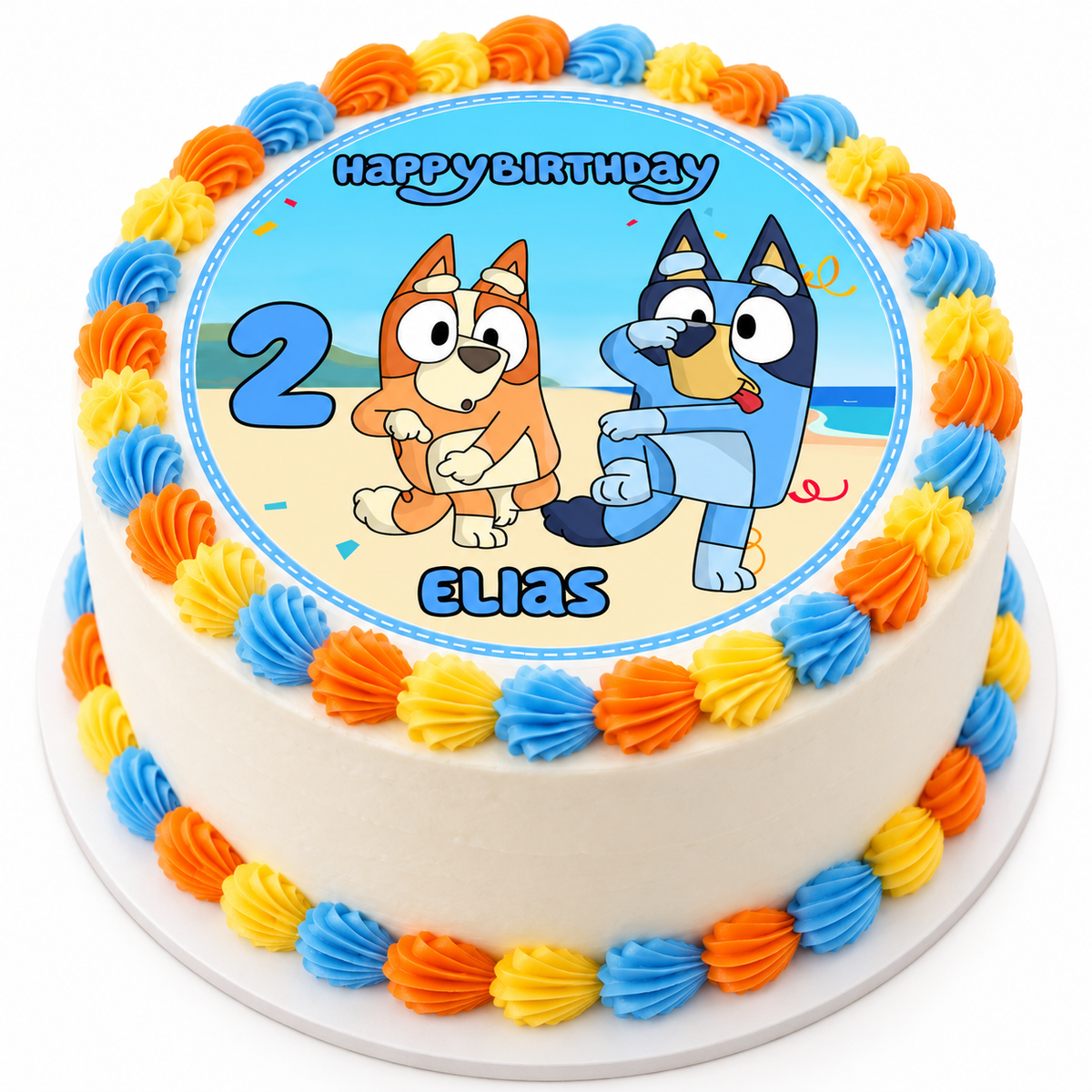 MUCKKI-PRO:39e18ae9686cc4161d5aa6fd890aafb043589dad09078c2c963fd0596c5078fd:Tortenaufleger Geburtstag Bluey 3 Name & Zahl (20cm) Fondant Papier
