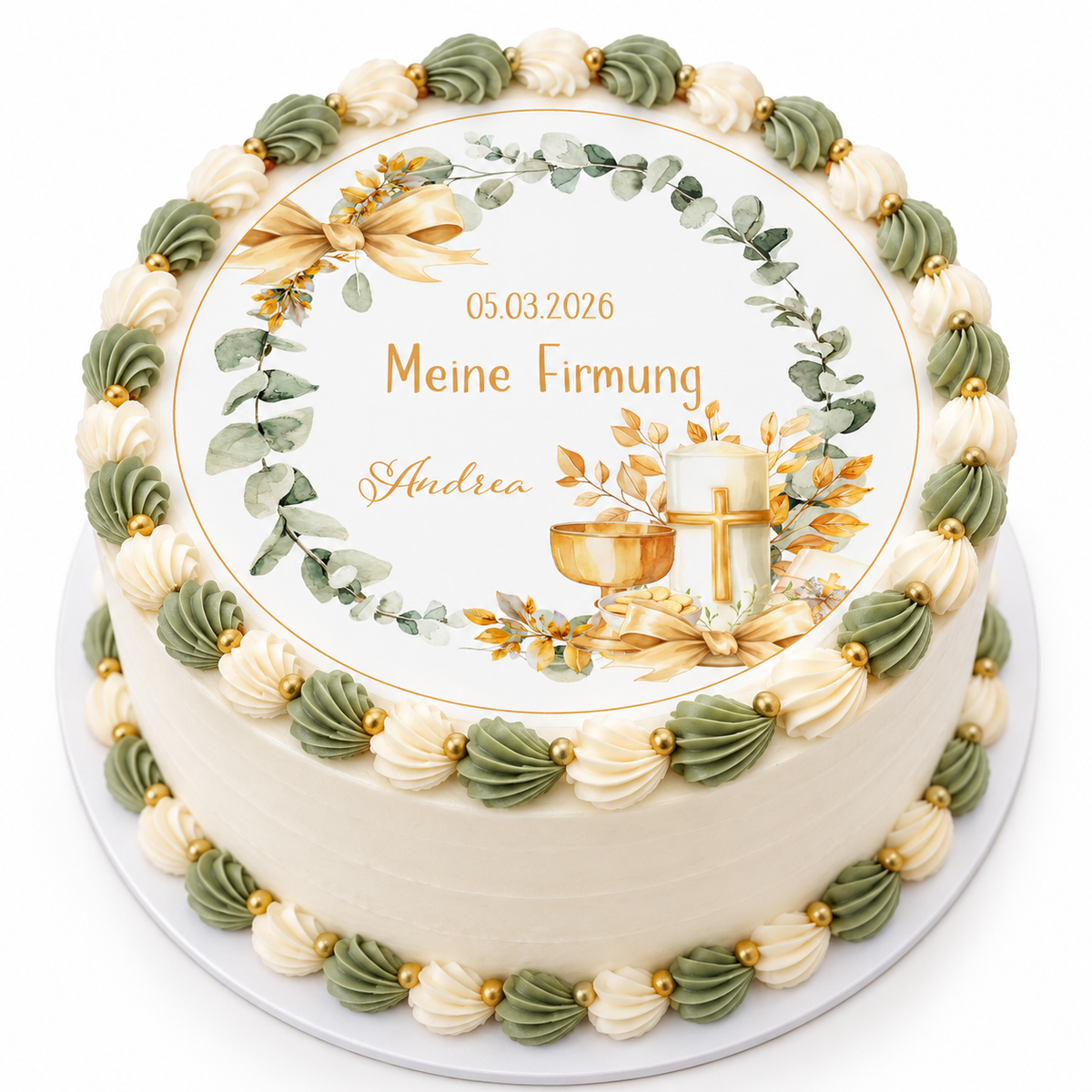 MUCKKI-PRO:1adaed1f0bb754fe333e11ec7b43df00160639a944dc956c33710099e4217547:Tortenaufleger Firmung Eukalyptus 2 Name & Datum (20cm)