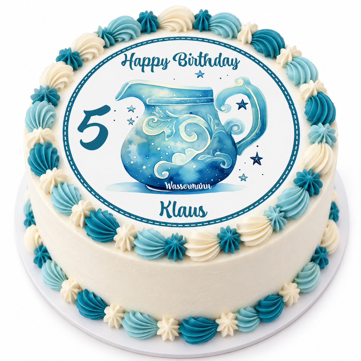 MUCKKI-PRO:7f04a4b0af1775346c3d57ece1fcf584d8bf796710efc030bc26992410cd8537:Tortenaufleger Geburtstag Sternzeichen Wassermann 1 Name & Zahl (20cm) Fondant Papier