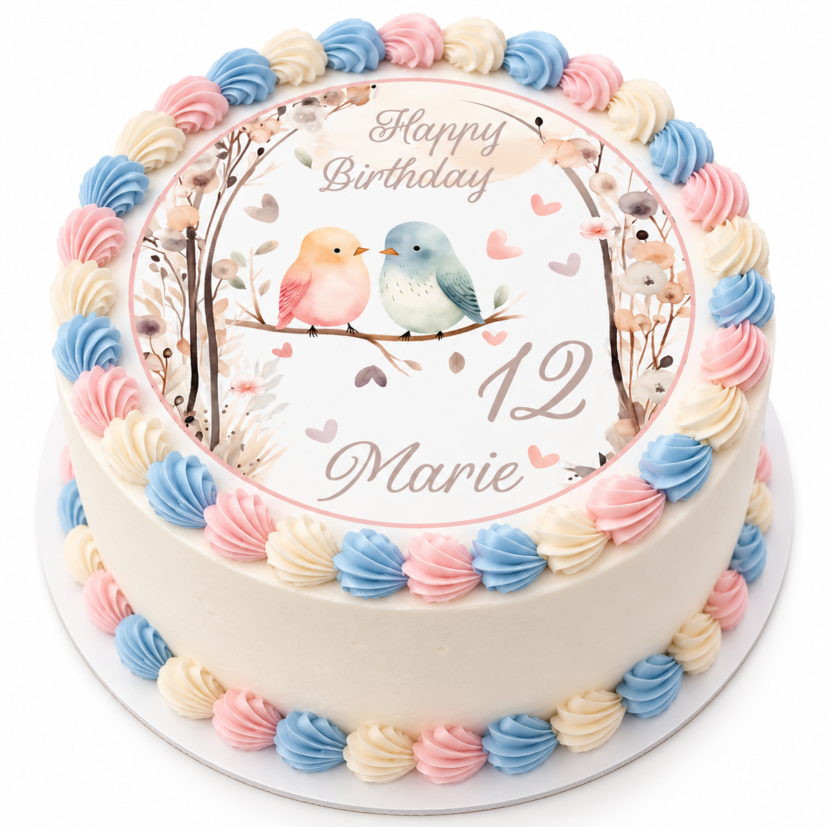 MUCKKI-PRO:3286a35d5aafc85bed56ac83f36f125ca02a5500b44e850f3c0733c6f4aceee3:Tortenaufleger Geburtstag Vögel 2 Personalisiert Name & Zahl (20cm) Fondant Papier